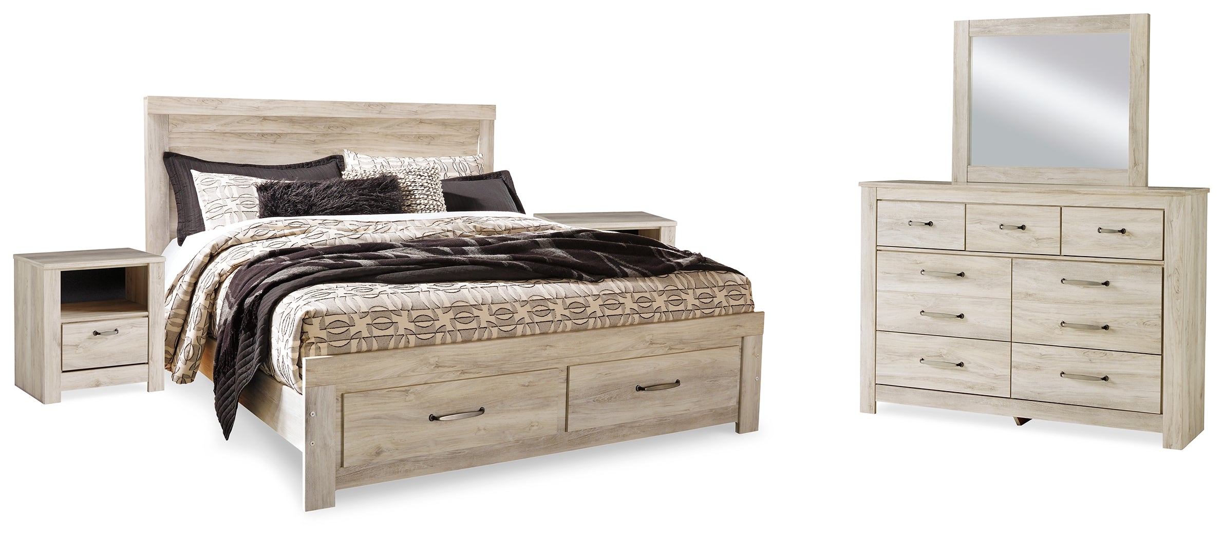 Best Furniture Outlet - Ashley Furniture - Bellaby Bedroom - King Panel Storage Bed, Dresser, Mirror and 2 Nightstands / Whitewash - B331B19