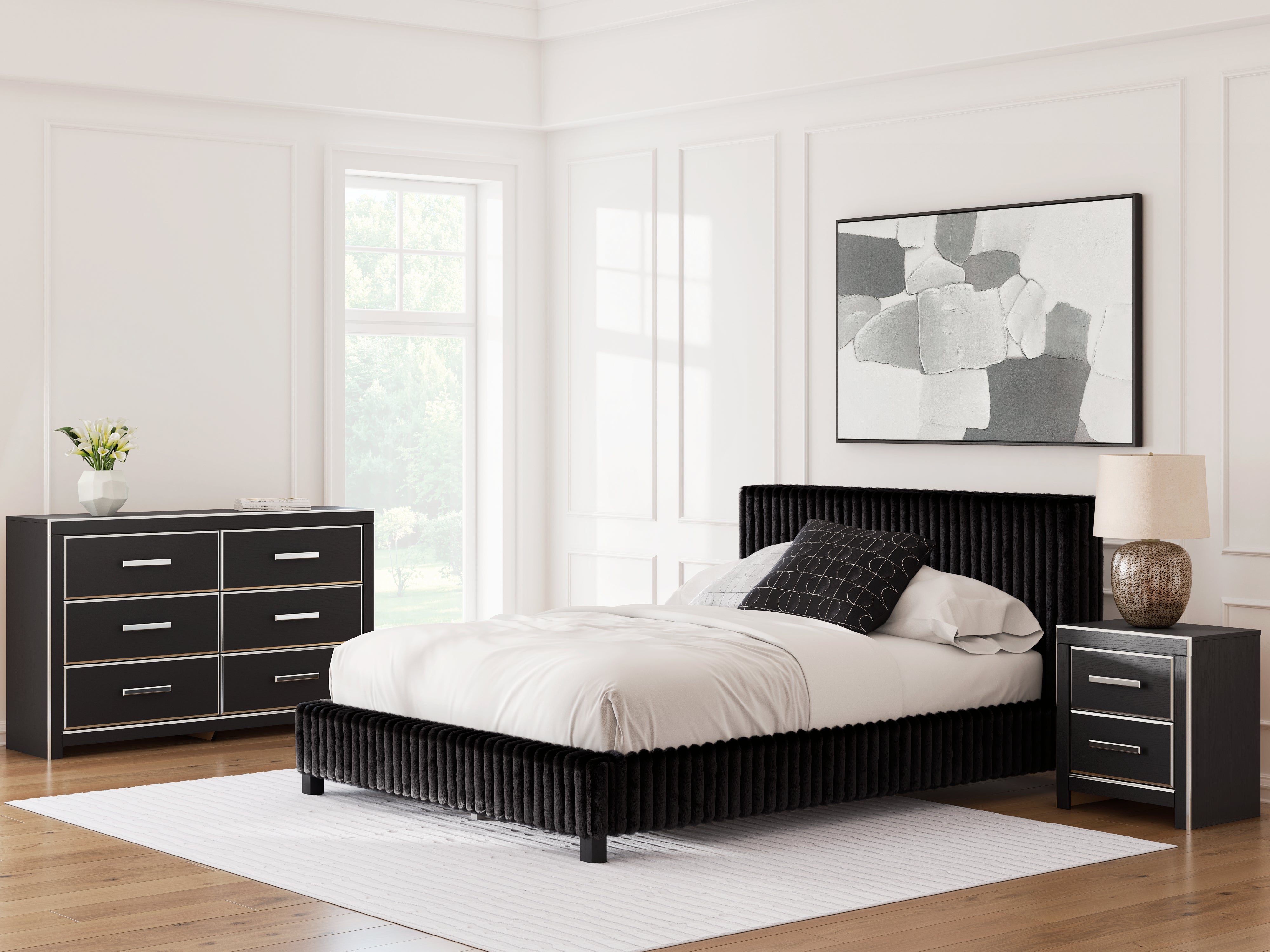 Best Furniture Outlet - Ashley Furniture - Zuraleus Bedroom - Queen Upholstered Bed, Dresser and Nightstand / Black - PCB3380B15