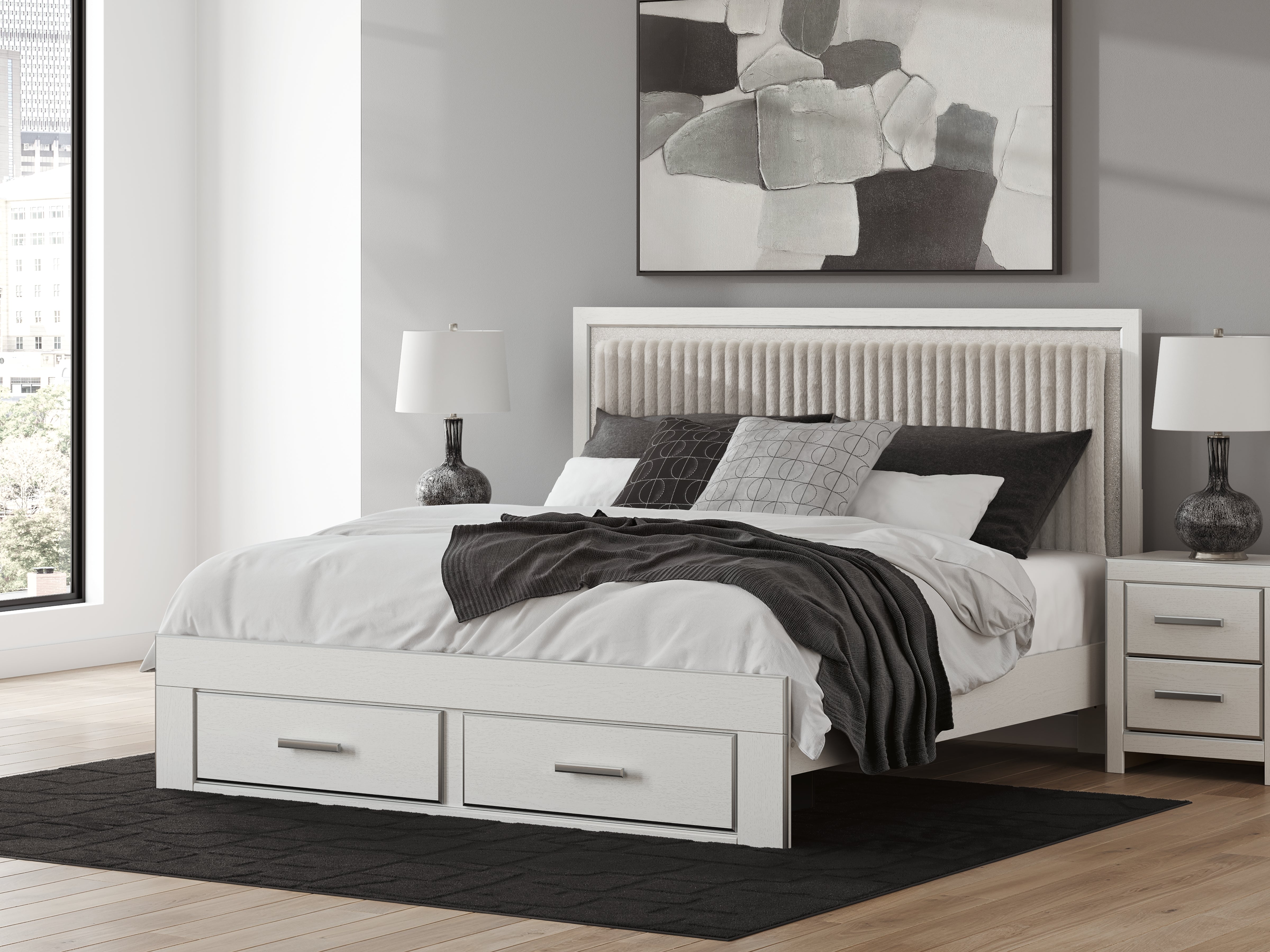 Best Furniture Outlet - Ashley Furniture - Zuraleus Bedroom - King Upholstered Panel Storage Bed / White - PCB3381B9