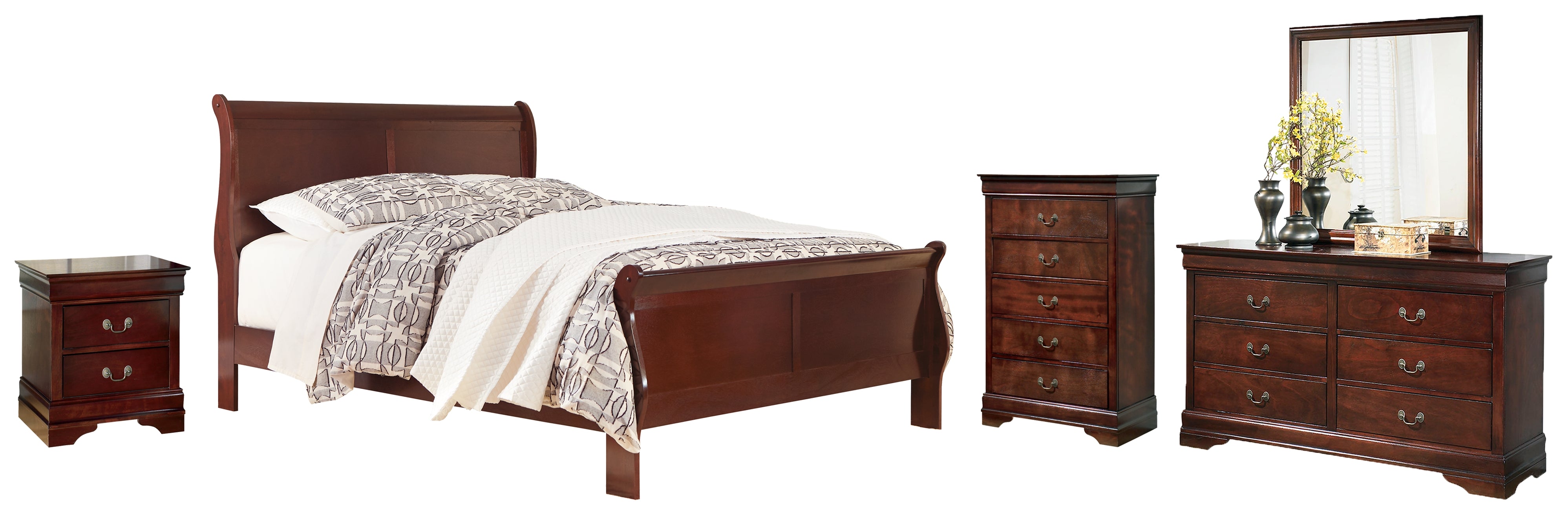 Best Furniture Outlet - Ashley Furniture - Alisdair Bedroom - Queen Sleigh Bed, Dresser, Mirror, Chest and Nightstand / Reddish Brown - B376B12