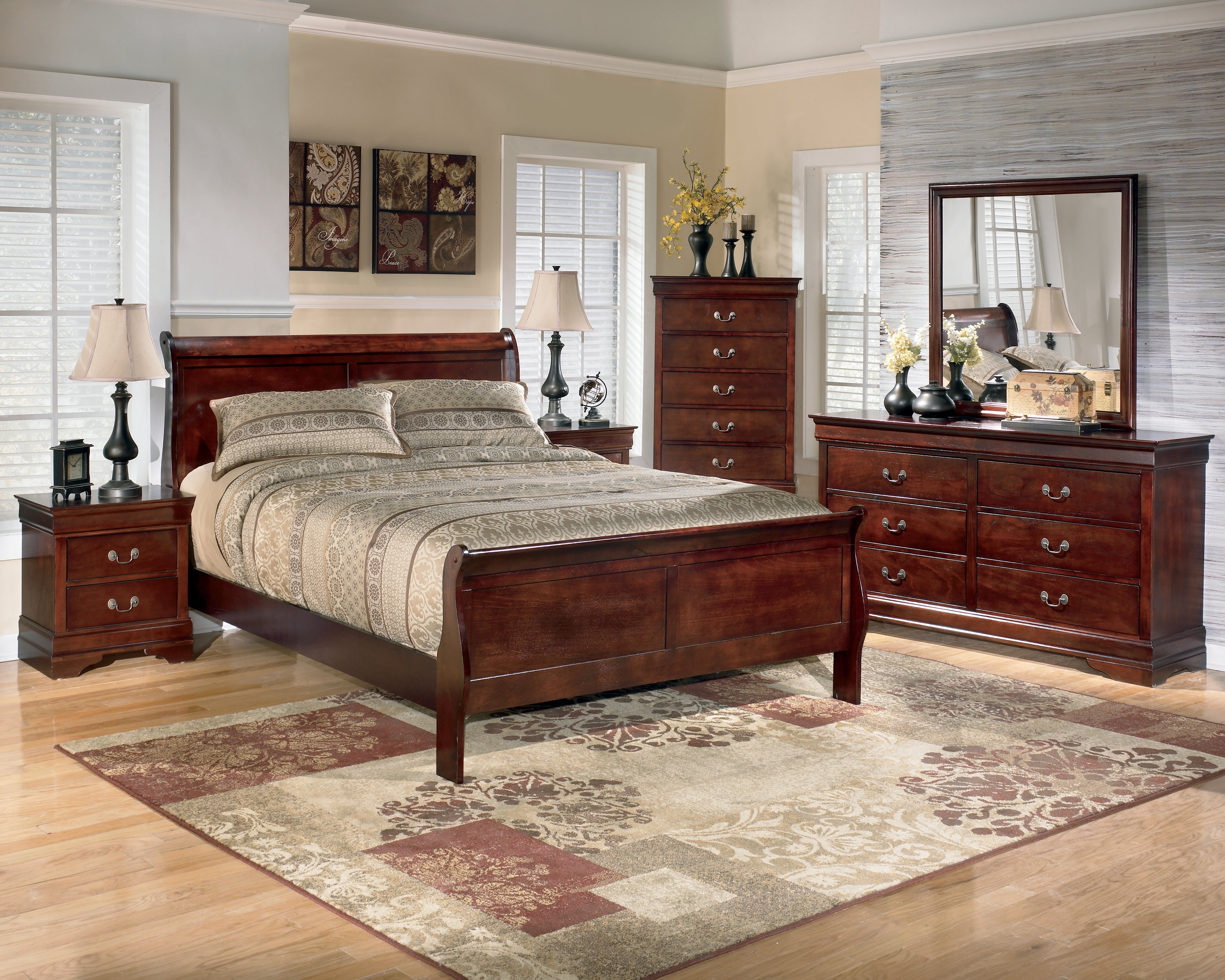 Best Furniture Outlet - Ashley Furniture - Alisdair Bedroom - King Sleigh Bed, Dresser, Mirror, Chest and 2 Nightstands / Reddish Brown - B376B17