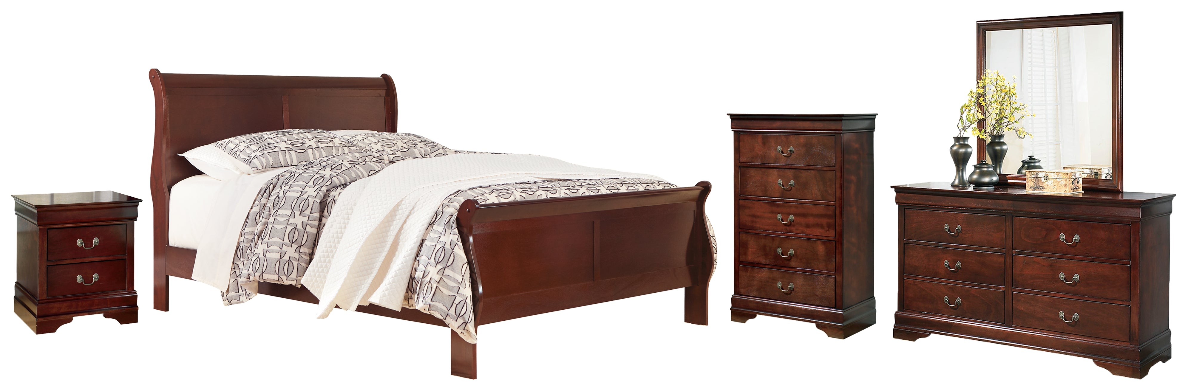 Best Furniture Outlet - Ashley Furniture - Alisdair Bedroom - King Sleigh Bed, Dresser, Mirror and Nightstand / Reddish Brown - B376B13