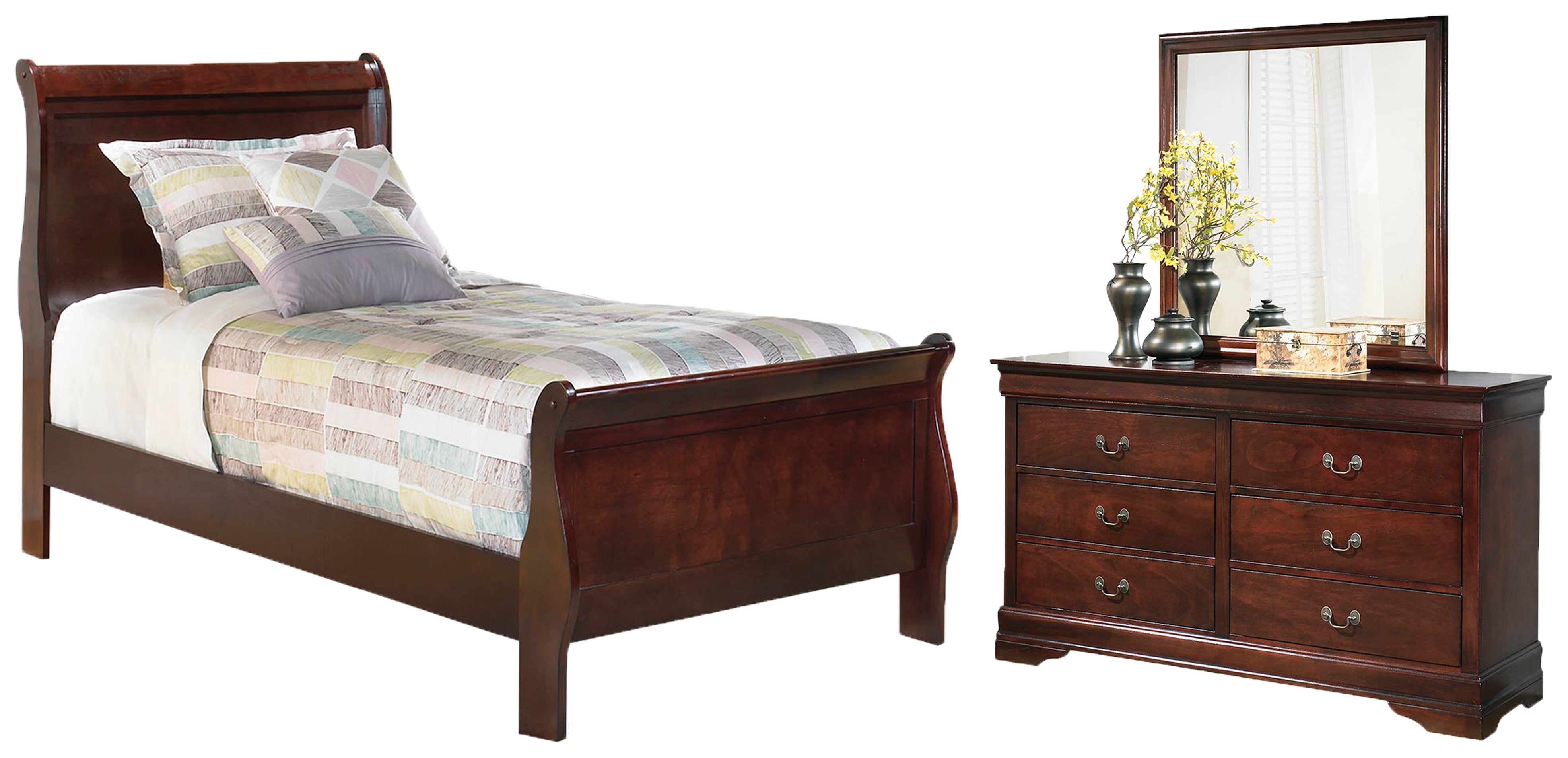 Best Furniture Outlet - Ashley Furniture - Alisdair Bedroom - Twin Sleigh Bed, Dresser and Mirror / Reddish Brown - B376B6