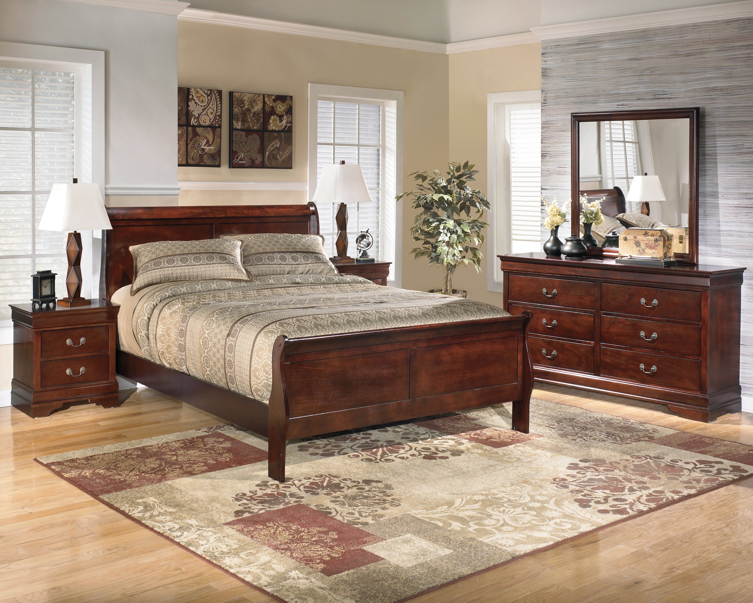 Best Furniture Outlet - Ashley Furniture - Alisdair Bedroom - Queen Sleigh Bed, Dresser, Mirror, and Nightstand / Reddish Brown - B376B14