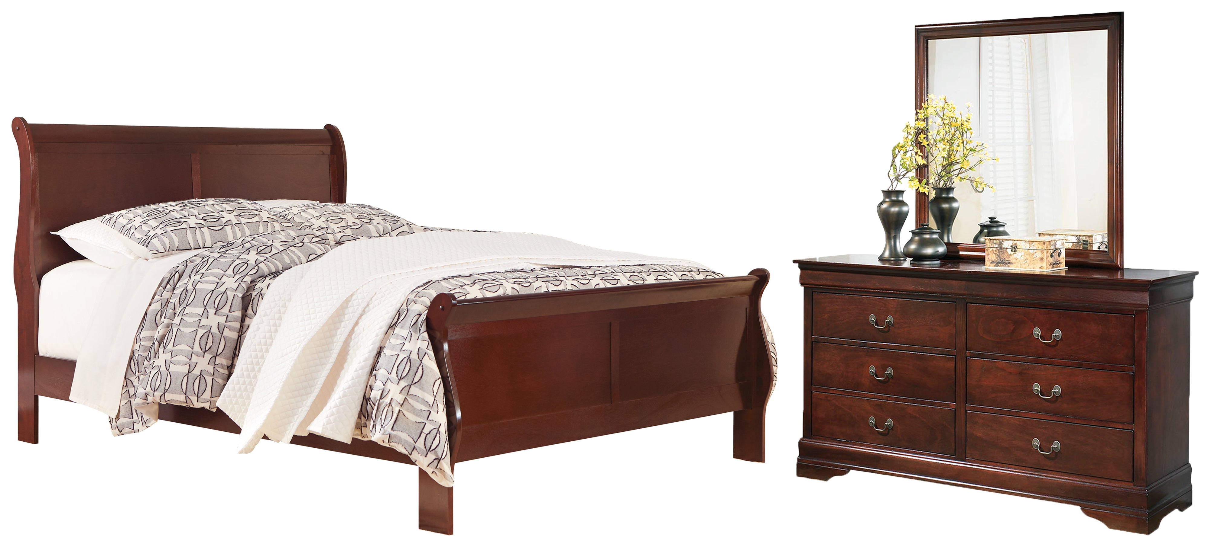 Best Furniture Outlet - Ashley Furniture - Alisdair Bedroom - Queen Sleigh Bed, Dresser and Mirror / Reddish Brown - B376B3