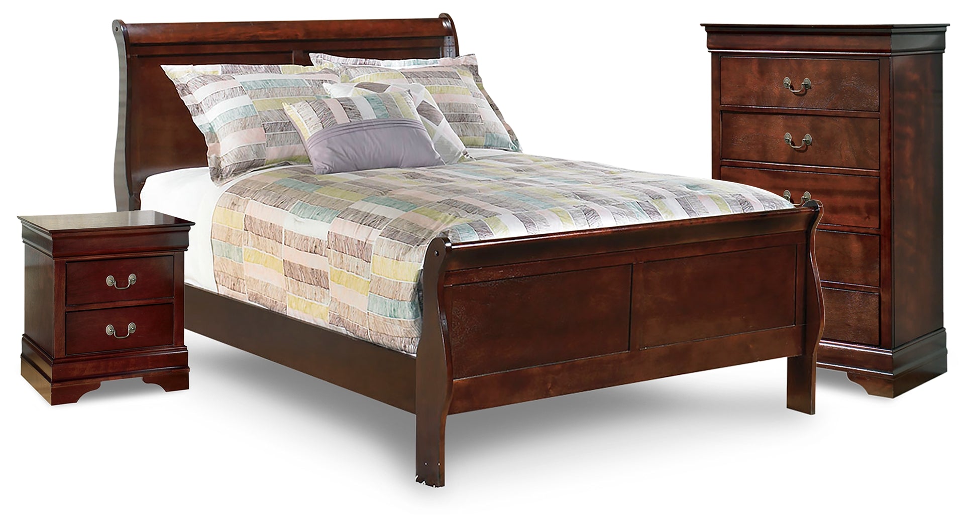 Best Furniture Outlet - Ashley Furniture - Alisdair Bedroom - Full Sleigh Bed, Chest and Nightstand / Reddish Brown - B376B27