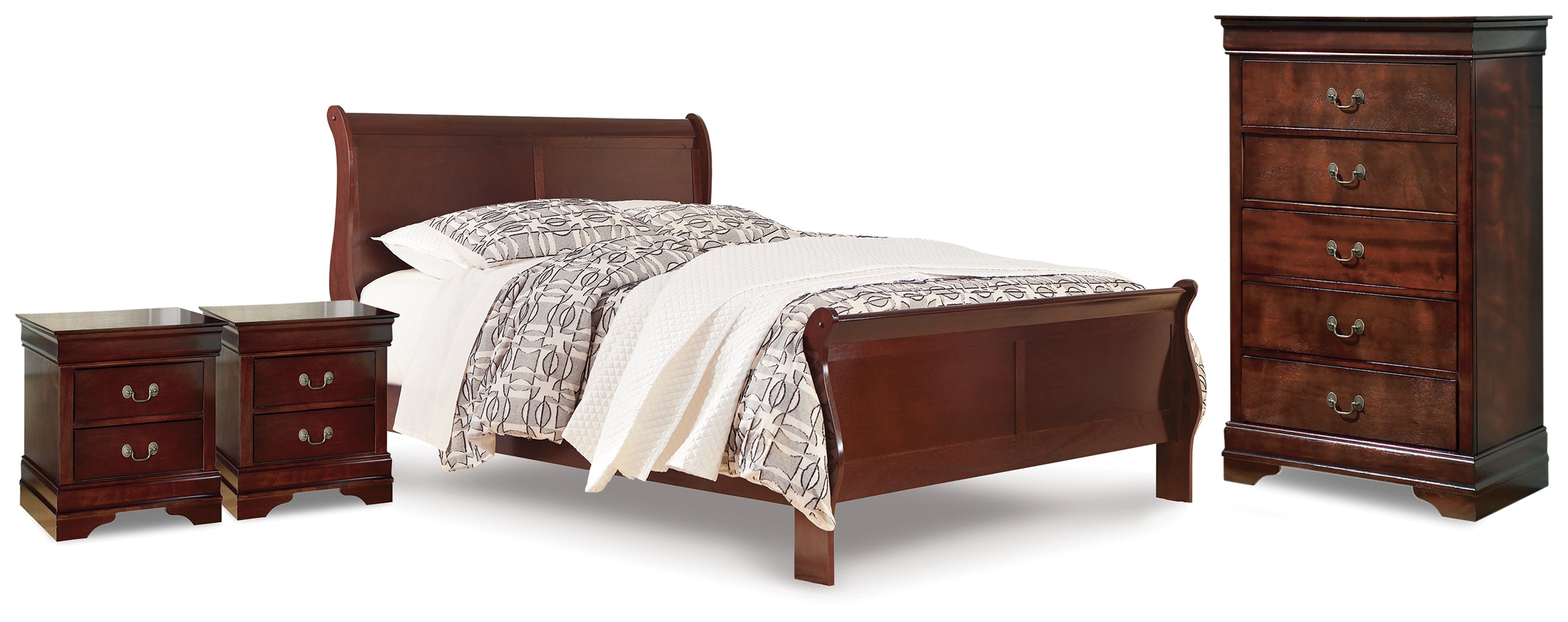 Best Furniture Outlet - Ashley Furniture - Alisdair Bedroom - Queen Sleigh Bed, Chest and 2 Nightstands / Reddish Brown - B376B25