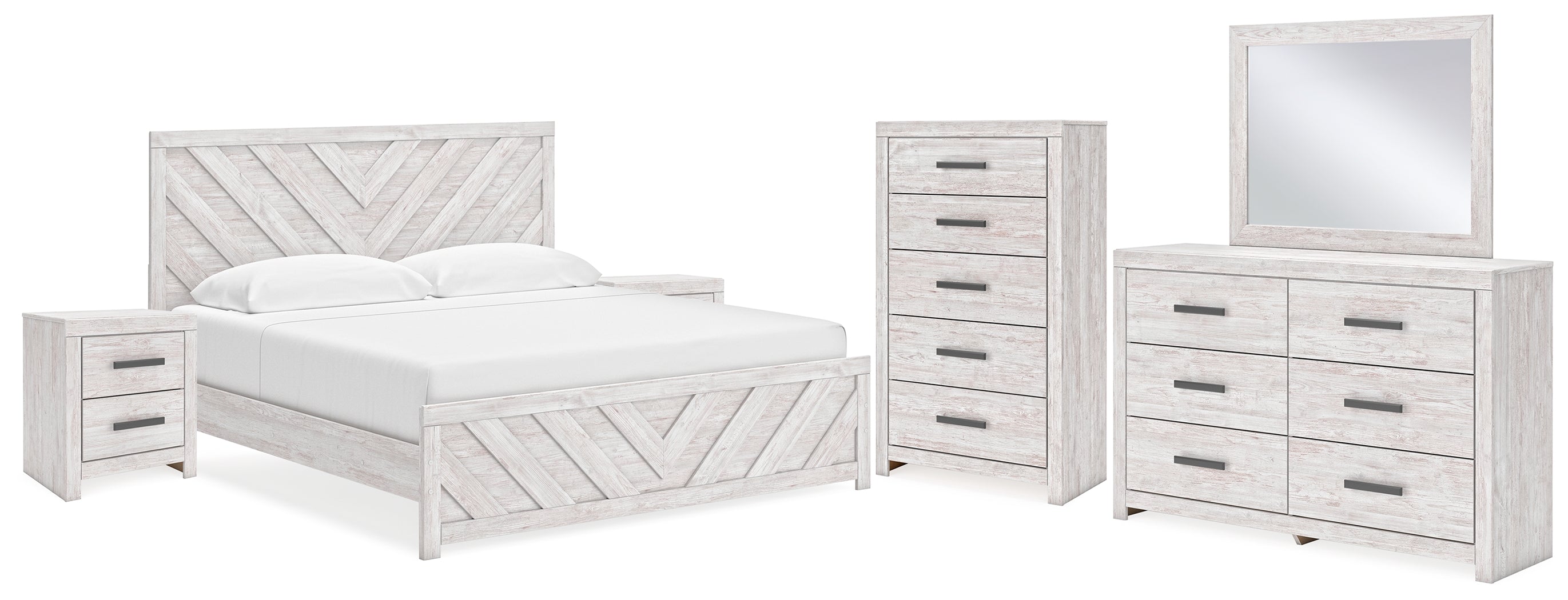 Best Furniture Outlet - Ashley Furniture - Cayboni Bedroom - King Panel Bed, Dresser, Mirror, Chest and 2 Nightstands / Whitewash - B3788B12