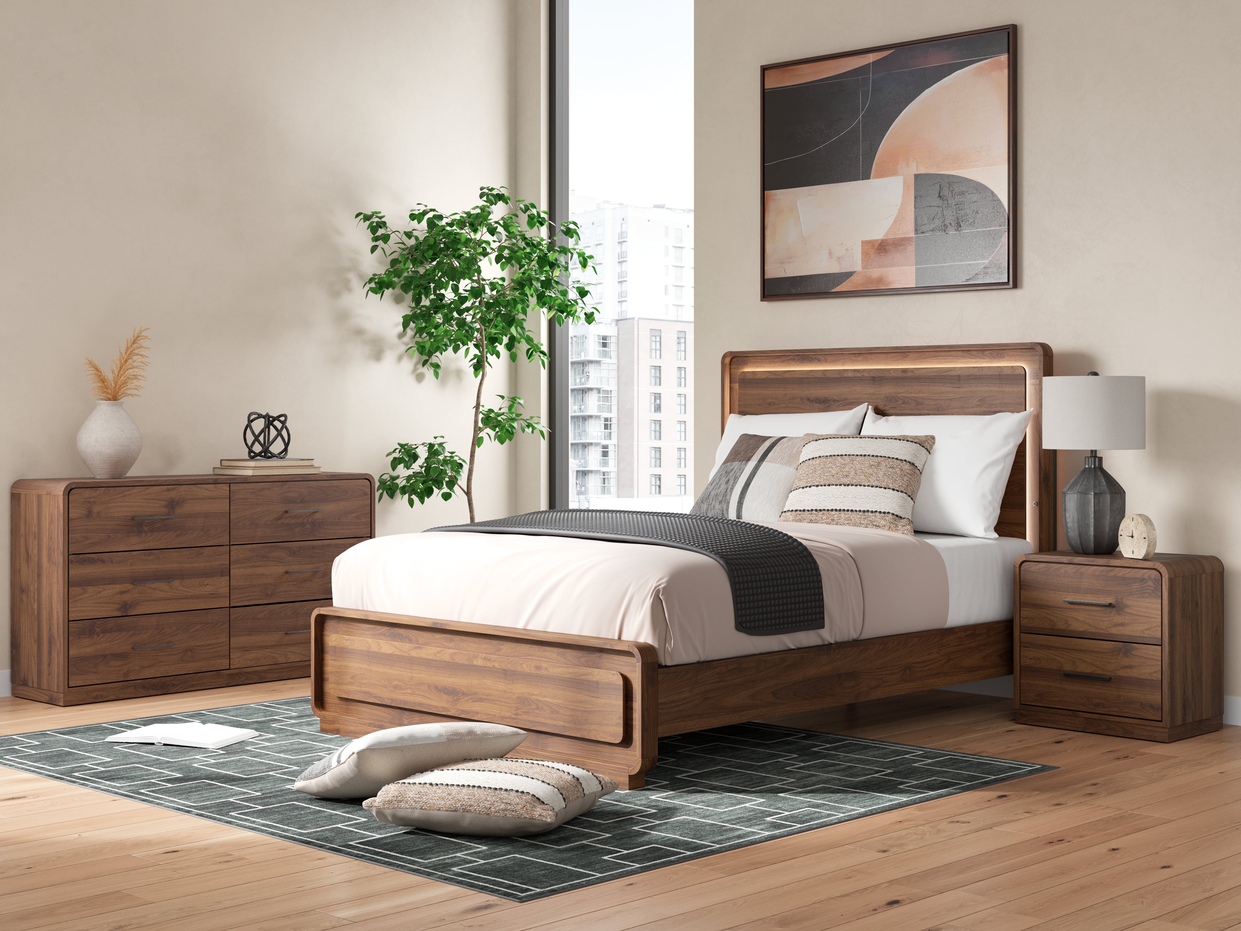 Best Furniture Outlet - Ashley Furniture - Fortlorn Bedroom - Queen Panel Bed, Dresser and Nightstand / Walnut Brown - PCB386B6