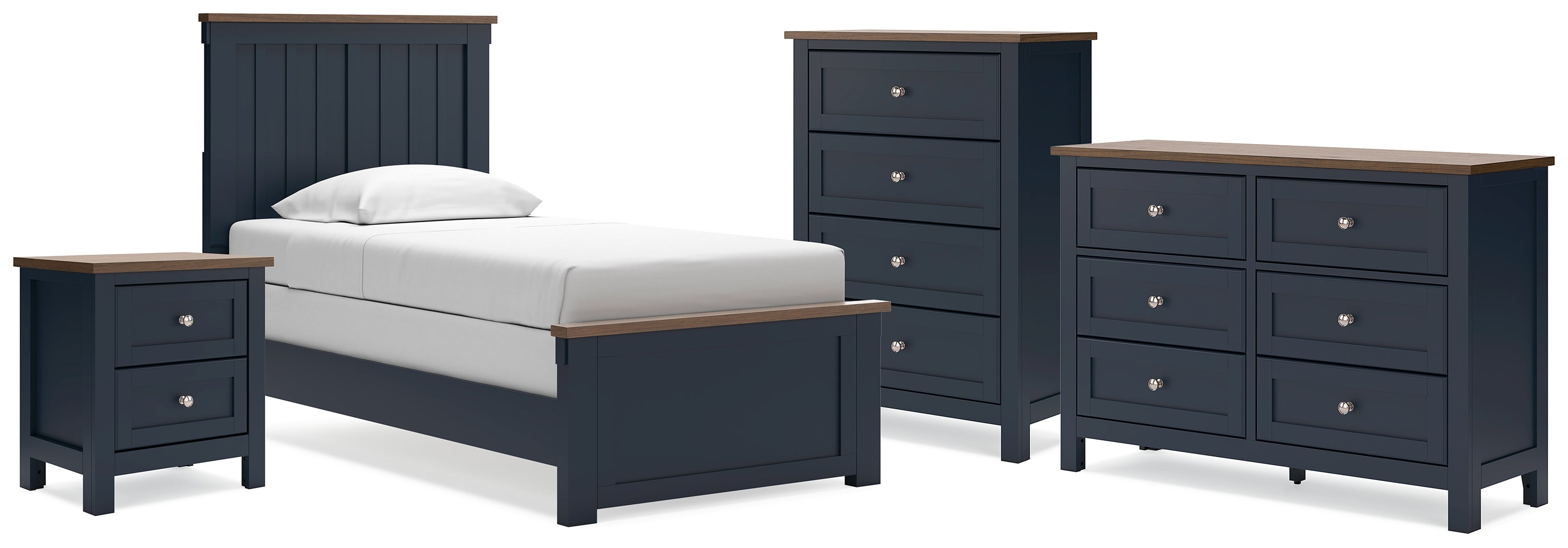Best Furniture Outlet - Ashley Furniture - Landocken Bedroom - Twin Panel Bed, Dresser, Chest and Nightstand / Brown/Blue - B414B20