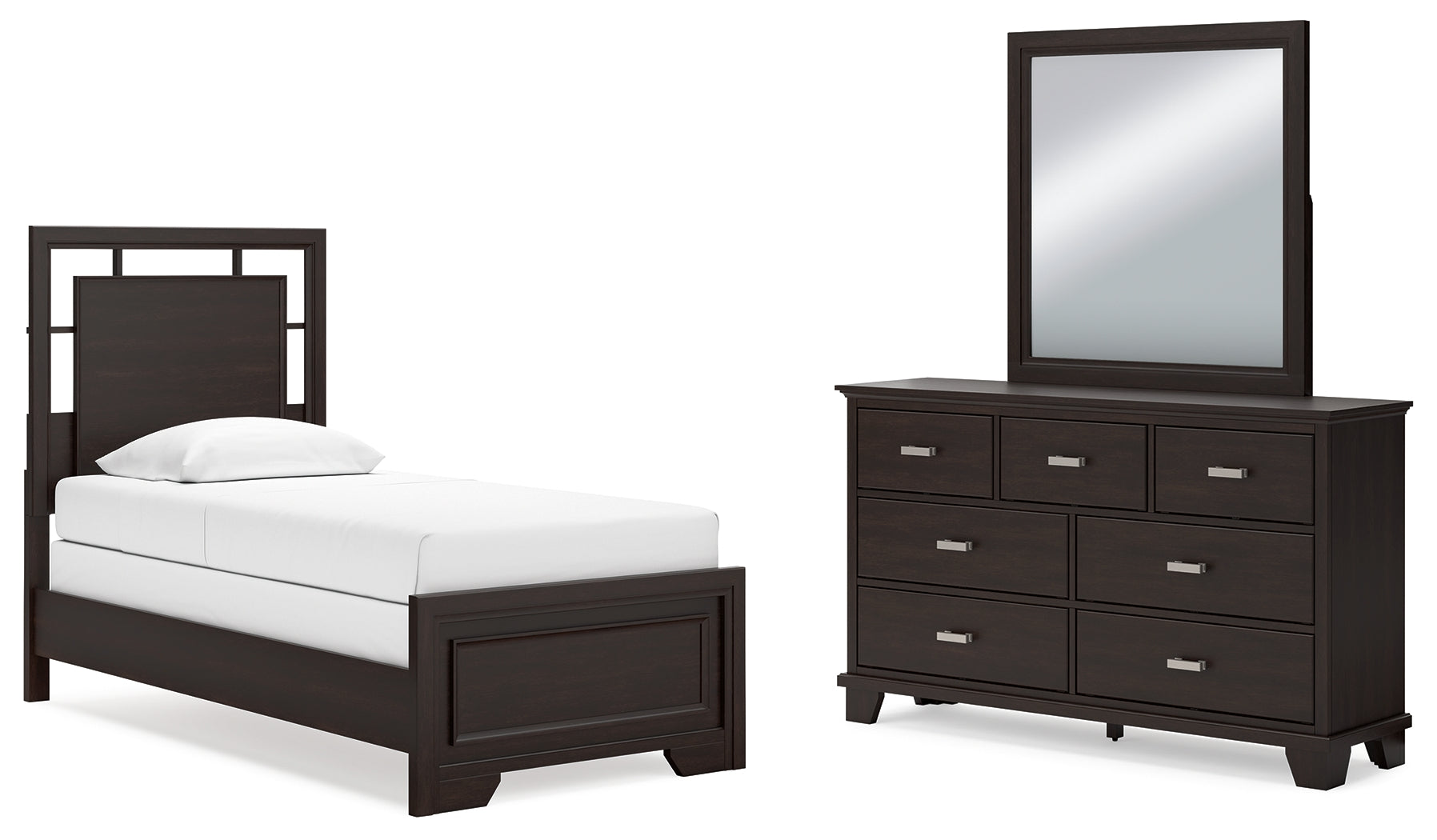 Best Furniture Outlet - Ashley Furniture - Covetown Bedroom - Twin Panel Bed, Dresser and Mirror / Dark Brown - B441B3