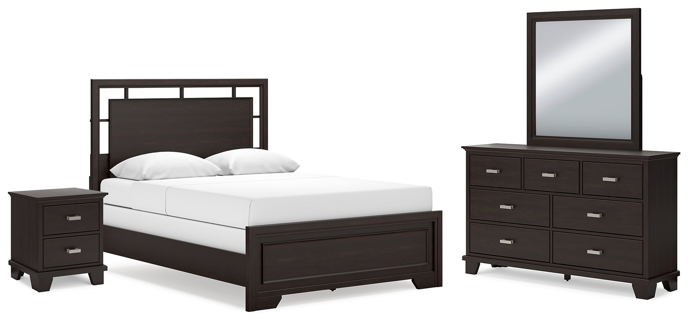 Best Furniture Outlet - Ashley Furniture - Covetown Bedroom - Queen Panel Bed, Dresser, Mirror and Nightstand / Dark Brown - B441B12