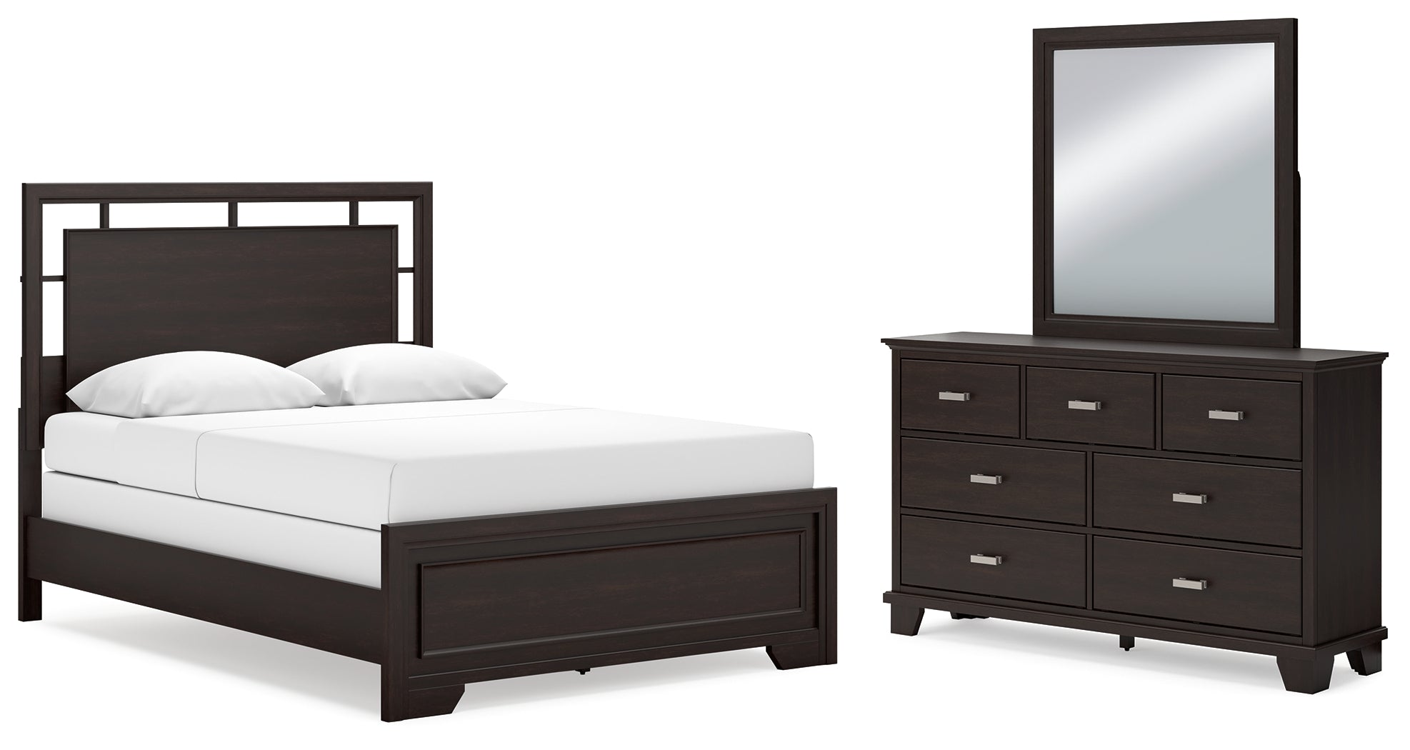 Best Furniture Outlet - Ashley Furniture - Covetown Bedroom - Queen Panel Bed, Dresser and Mirror / Dark Brown - B441B7