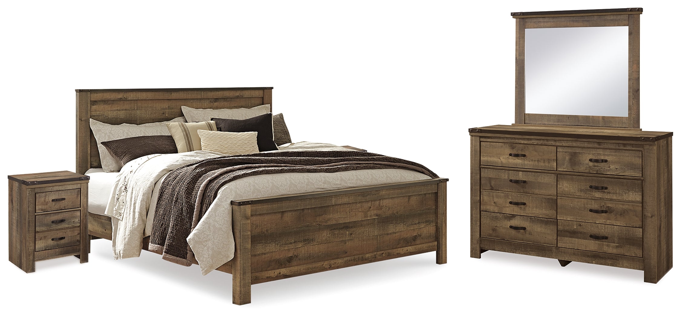 Best Furniture Outlet - Ashley Furniture - Trinell Bedroom - King Panel Bed, Dresser, Mirror and 2 Nightstands / Brown - B446B74