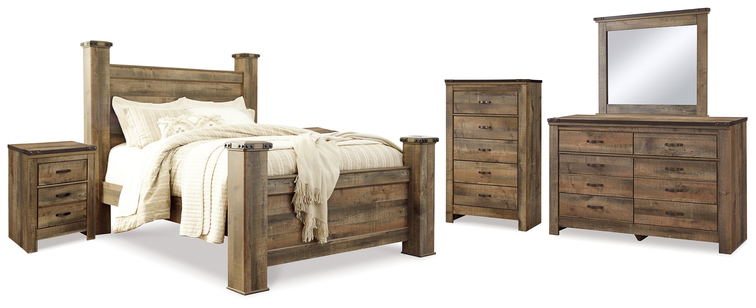 Best Furniture Outlet - Ashley Furniture - Trinell Bedroom - Queen Poster Bed, Dresser, Mirror, Chest and 2 Nightstands / Brown - B446B80