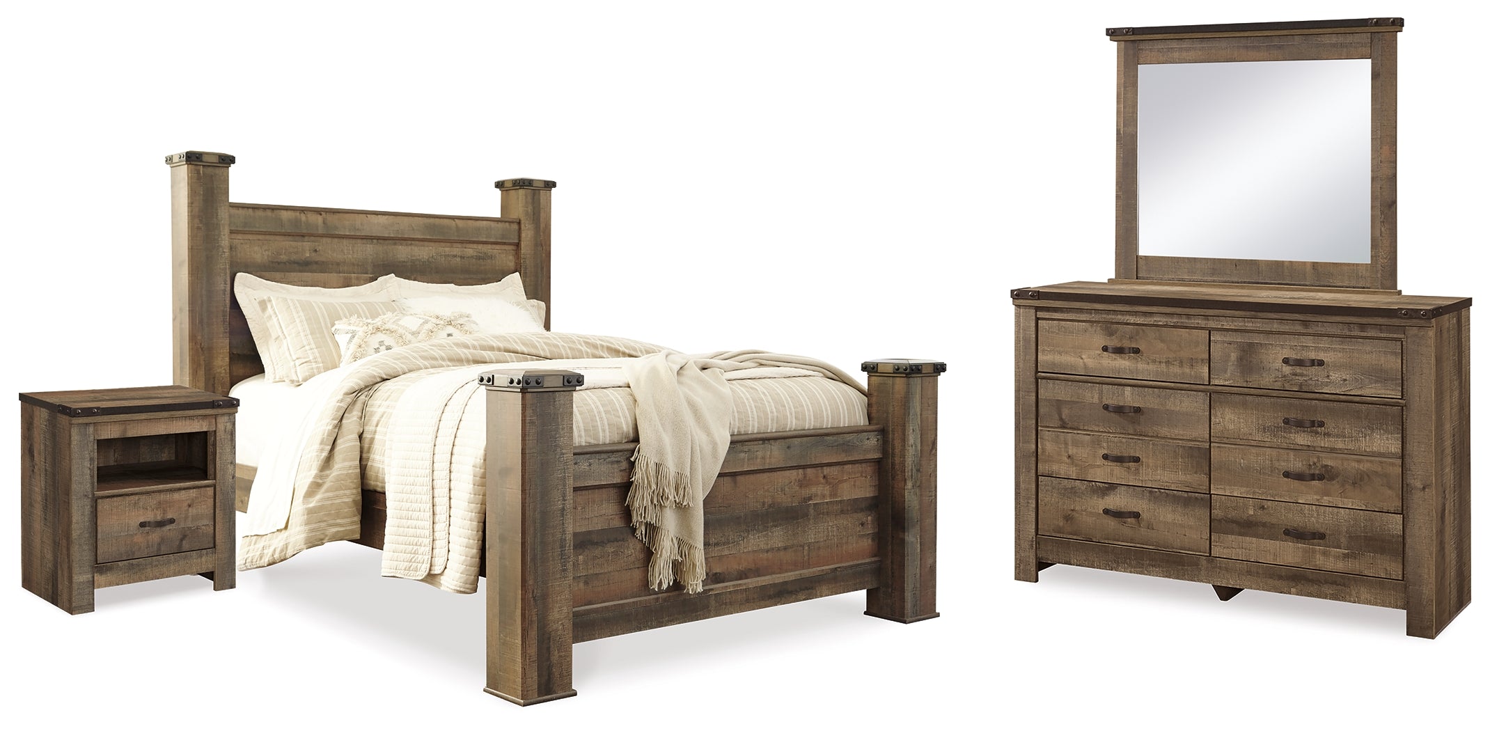 Best Furniture Outlet - Ashley Furniture - Trinell Bedroom - Queen Poster Bed, Dresser, Mirror and Nightstand / Brown - B446B76