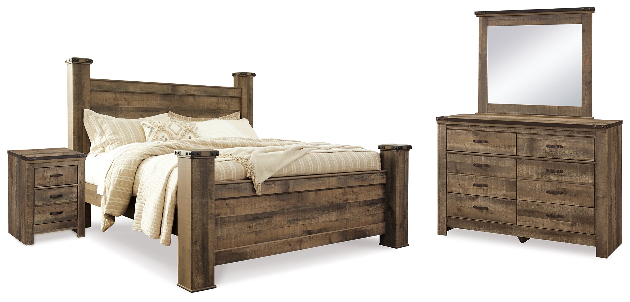Best Furniture Outlet - Ashley Furniture - Trinell Bedroom - King Poster Bed, Dresser, Mirror and Nightstand / Brown - B446B75