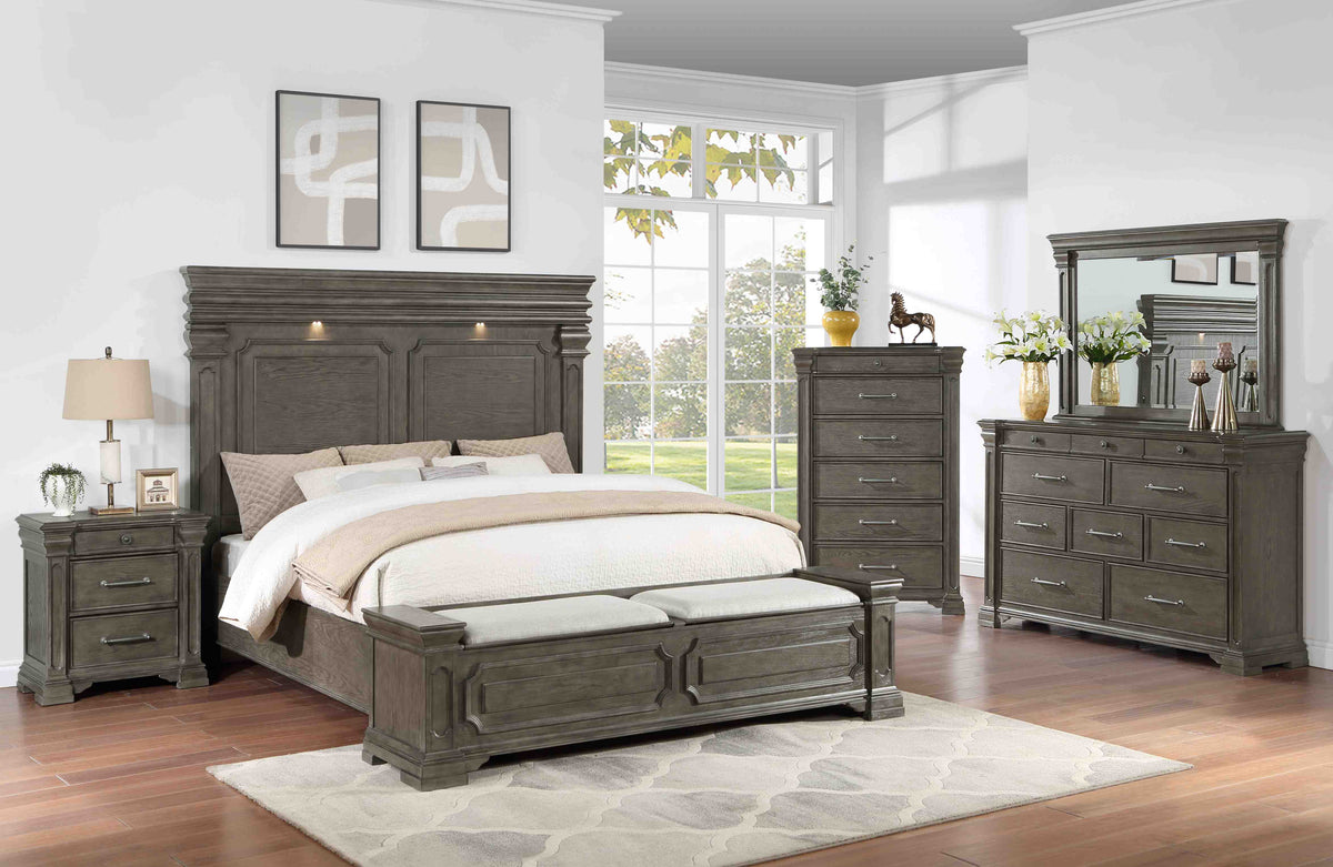 Bedroom with Storage Bench | Flinter King Bed with Dresser, Mirror, 2 Nightstands