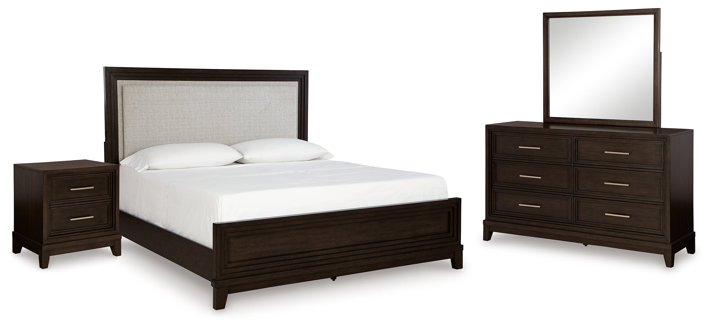 Best Furniture Outlet - Ashley Furniture - Neymorton Bedroom - Queen Upholstered Panel Bed, Dresser, Mirror and Nightstand / Dark Grayish Brown - B618B10