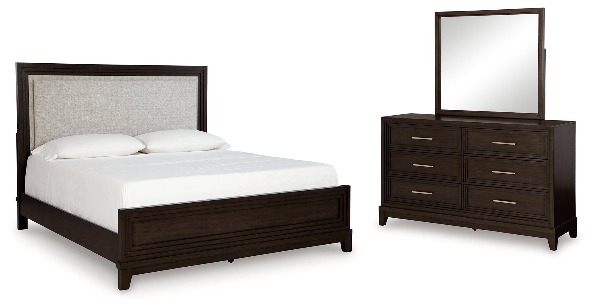 Best Furniture Outlet - Ashley Furniture - Neymorton Bedroom - California King Upholstered Panel Bed, Dresser and Mirror / Dark Grayish Brown - B618B9