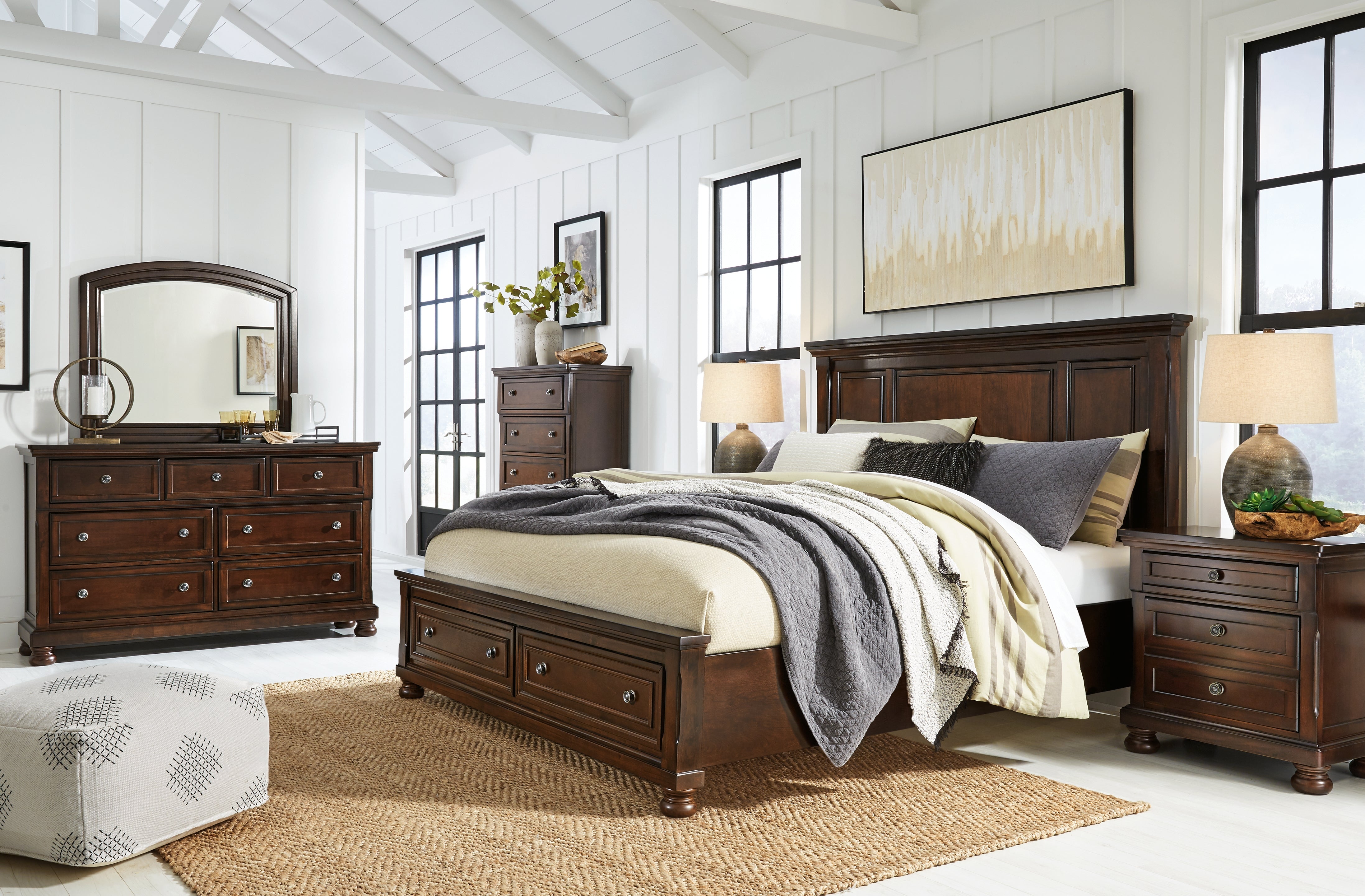 Best Furniture Outlet - Ashley Furniture - Porter Bedroom - California King Panel Bed, Dresser, Mirror, Chest and 2 Nightstands / Rustic Brown - B697B39