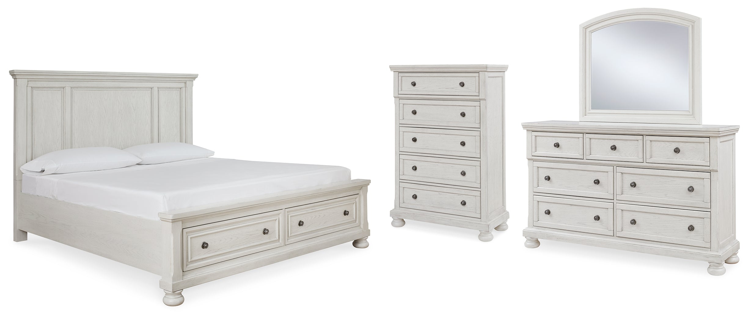 Best Furniture Outlet - Ashley Furniture - Robbinsdale Bedroom - Queen Panel Storage Bed, Dresser, Mirror and Chest / Antique White - B742B27