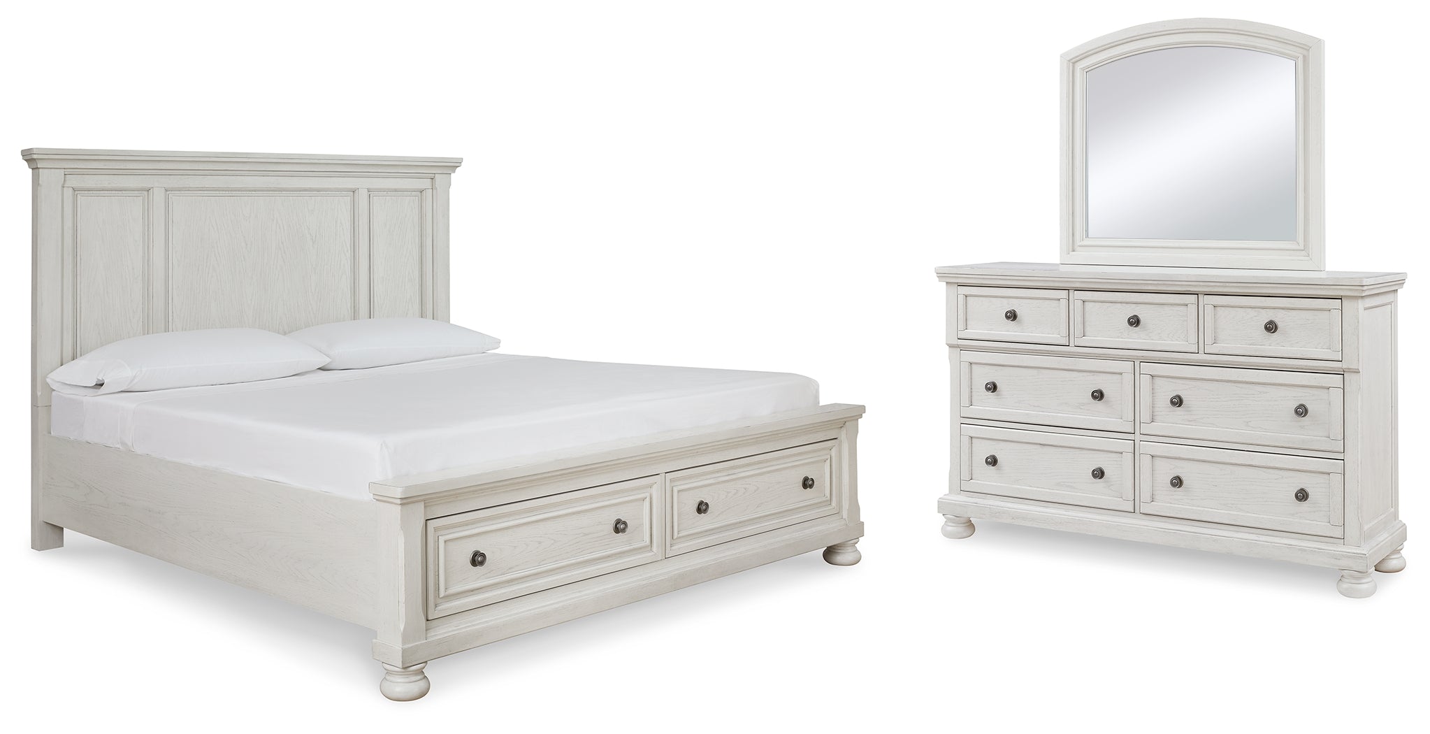 Best Furniture Outlet - Ashley Furniture - Robbinsdale Bedroom - Queen Panel Storage Bed, Dresser and Mirror / Antique White - B742B30