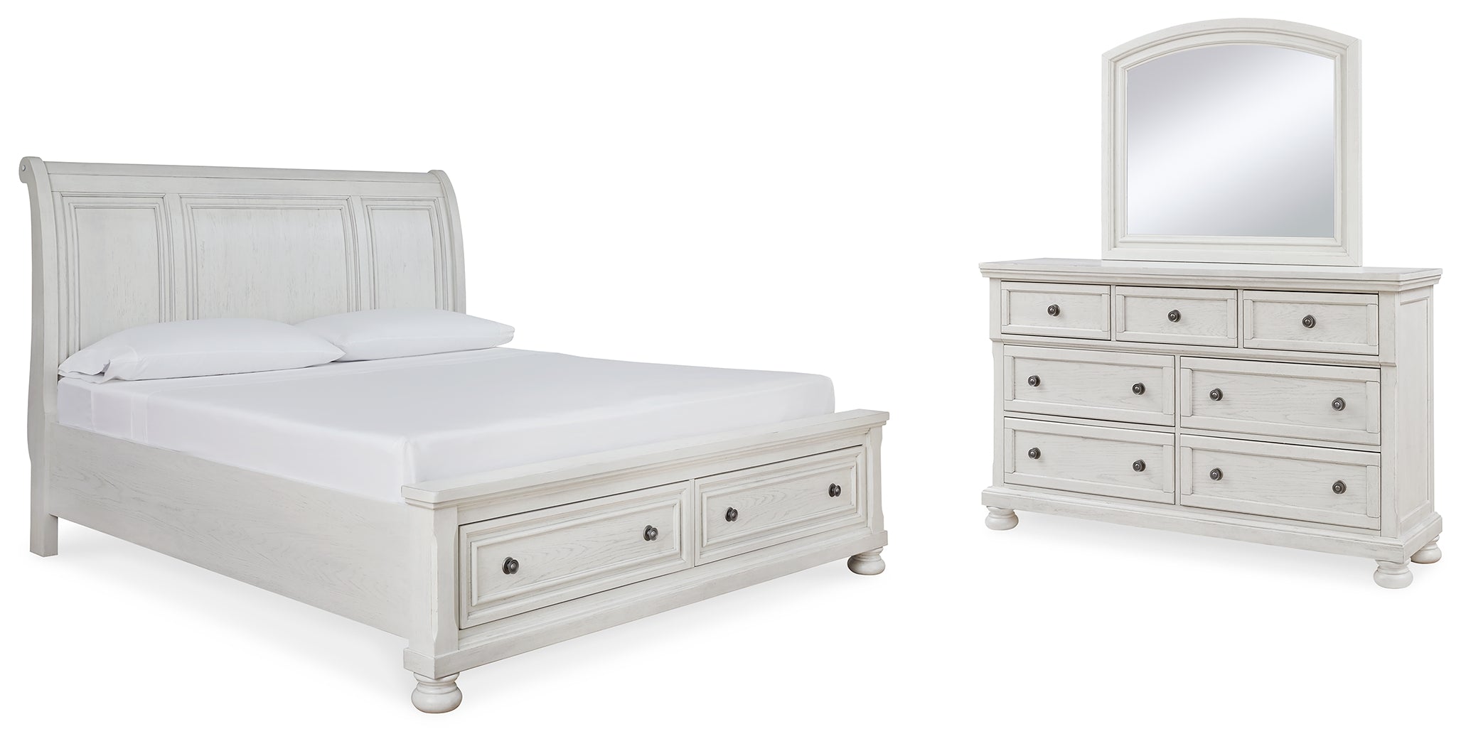 Best Furniture Outlet - Ashley Furniture - Robbinsdale Bedroom - Queen Sleigh Storage Bed, Dresser and Mirror / Antique White - B742B5