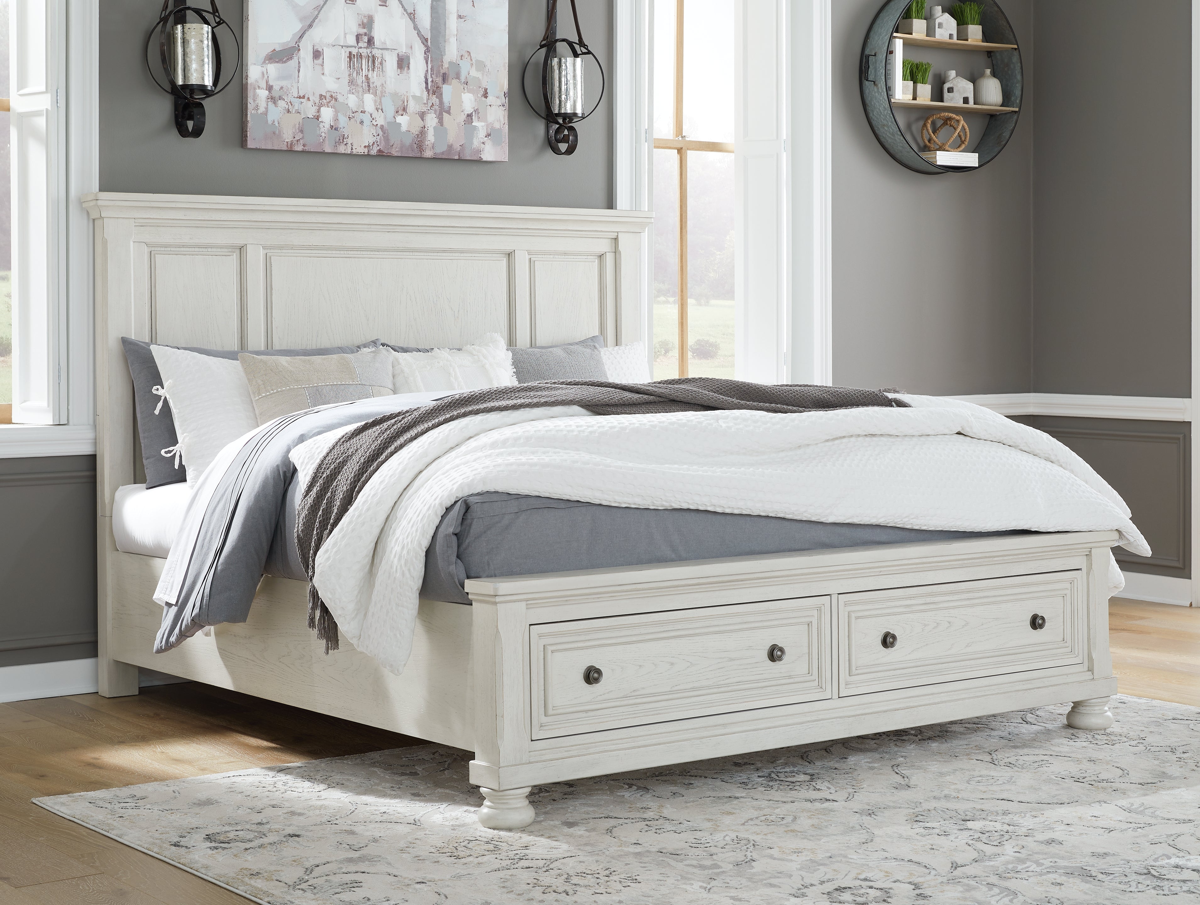 Best Furniture Outlet - Ashley Furniture - Robbinsdale Bedroom - King Panel Storage Bed / Antique White - B742B25