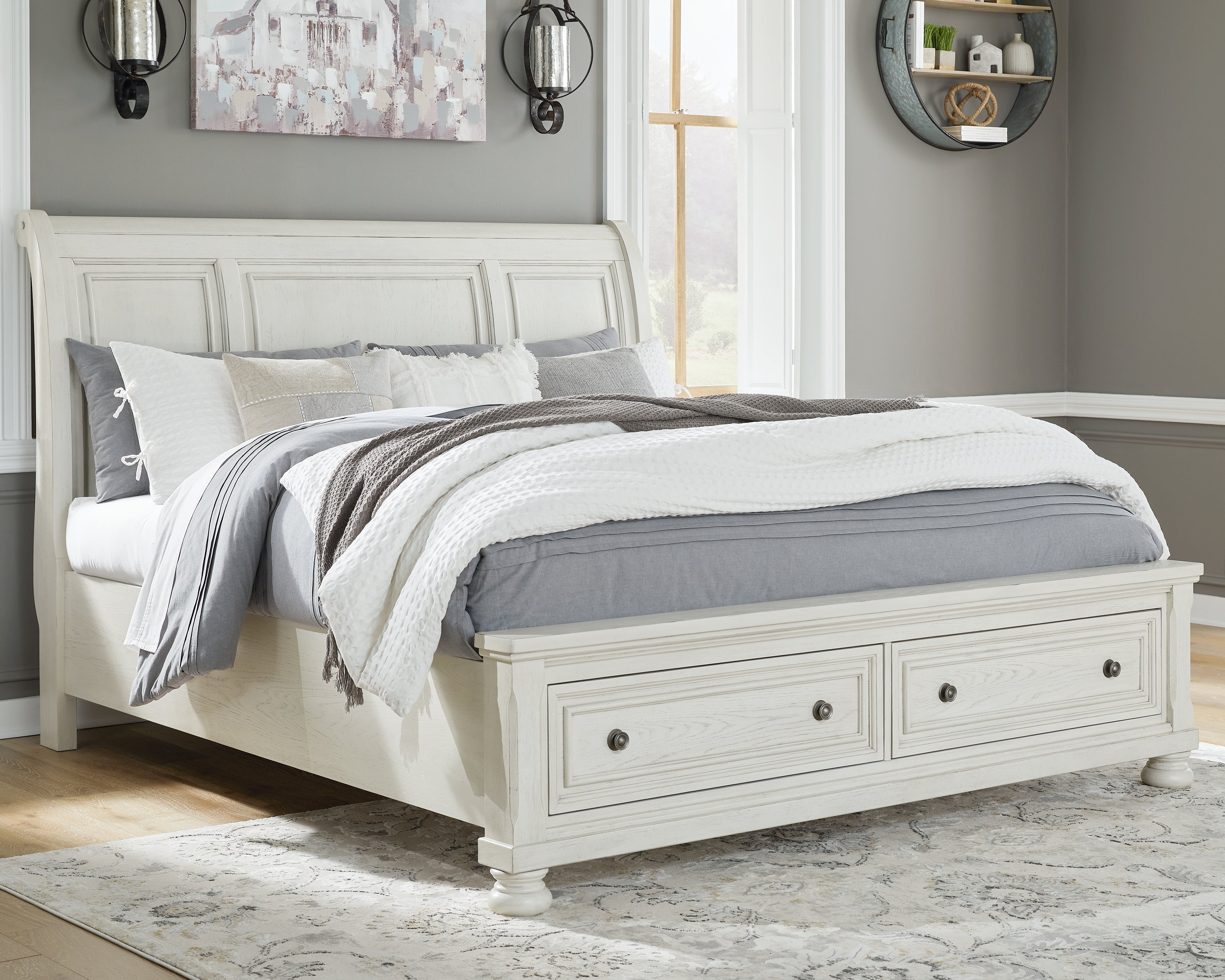 Best Furniture Outlet - Ashley Furniture - Robbinsdale Bedroom - Queen Sleigh Bed with Storage / Antique White - B742B3