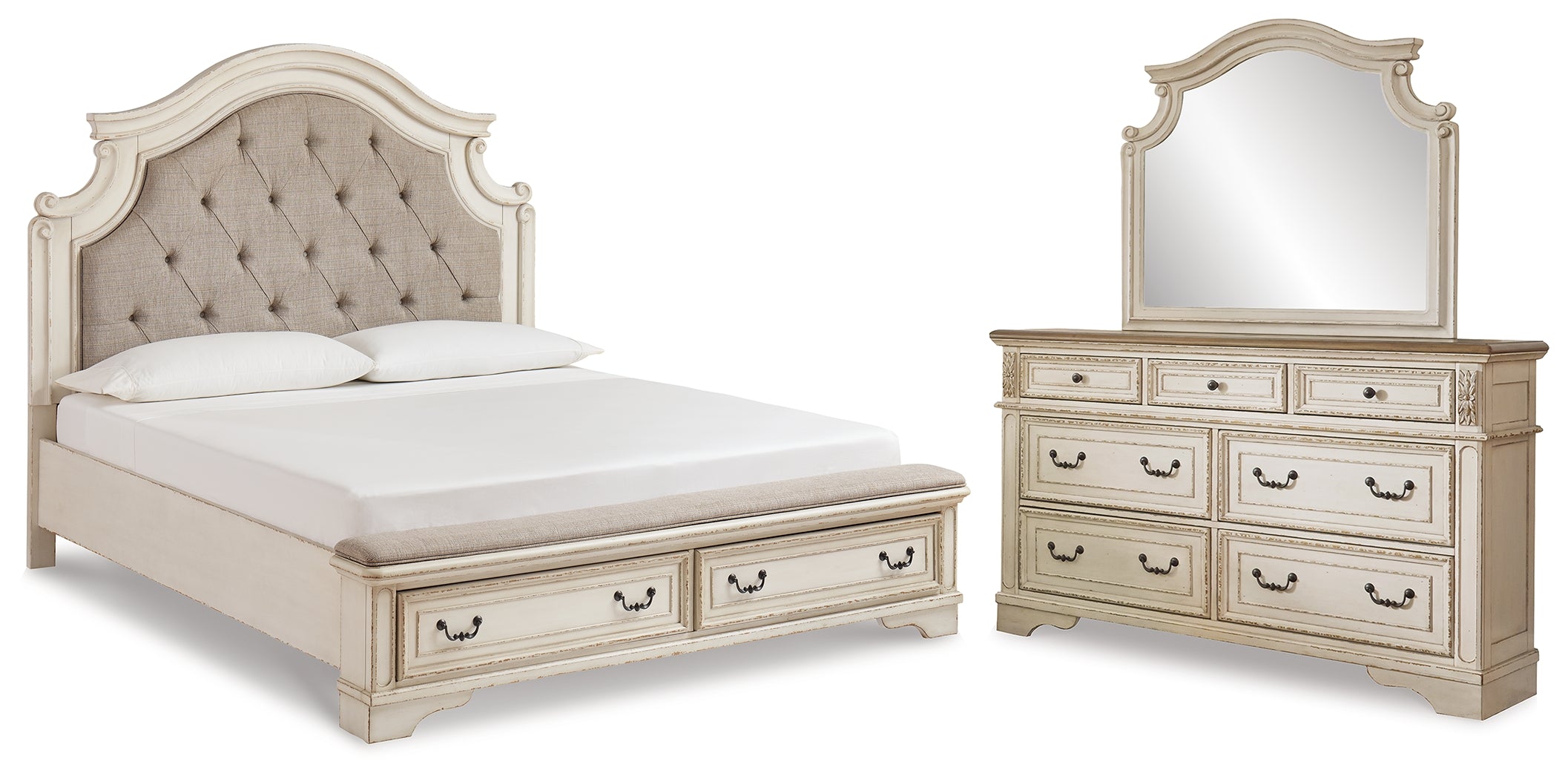 Best Furniture Outlet - Ashley Furniture - Realyn Bedroom - King Upholstered Bed with Dresser and Mirror / Chipped White - B743B24