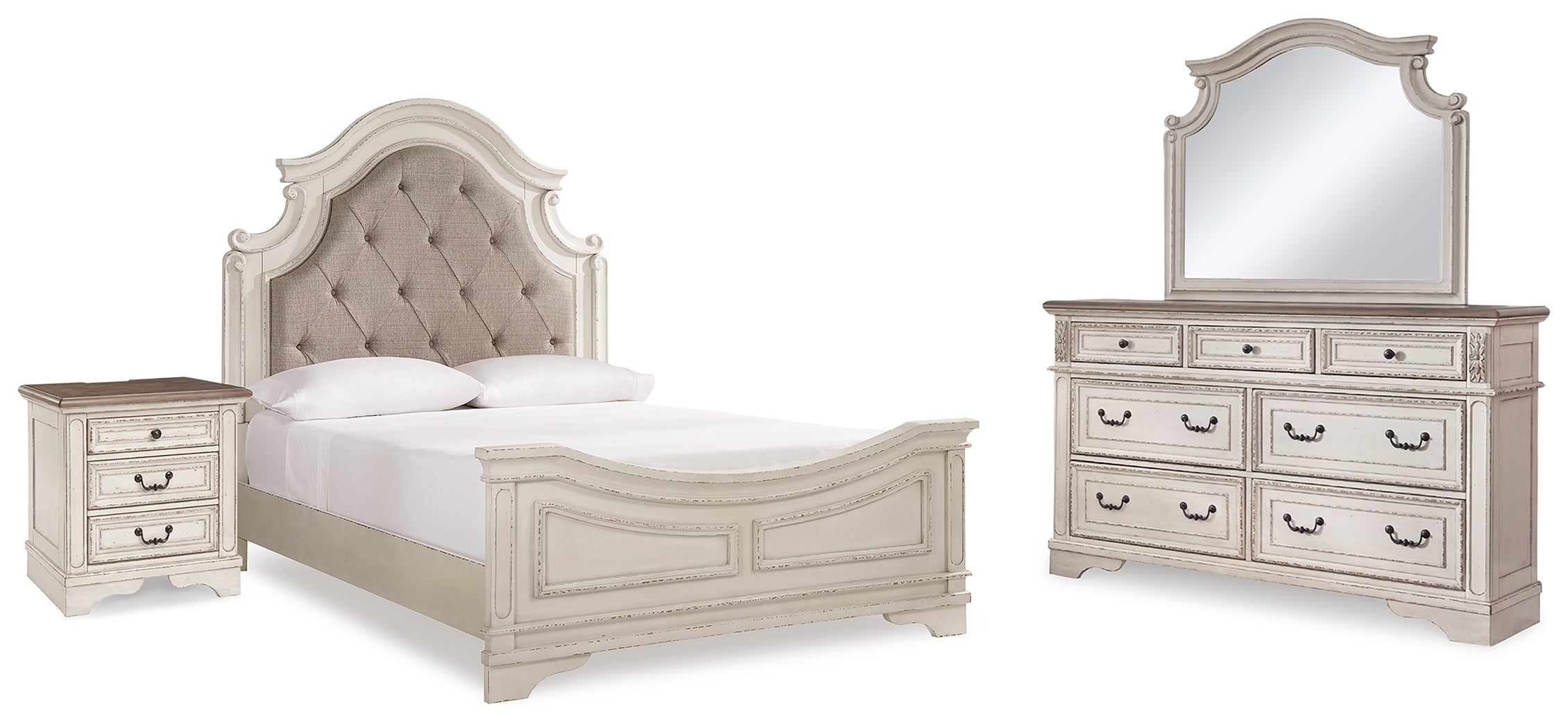 Best Furniture Outlet - Ashley Furniture - Realyn Bedroom - Queen Bed with Mirrored Dresser and Nightstand / Chipped White - B743B22