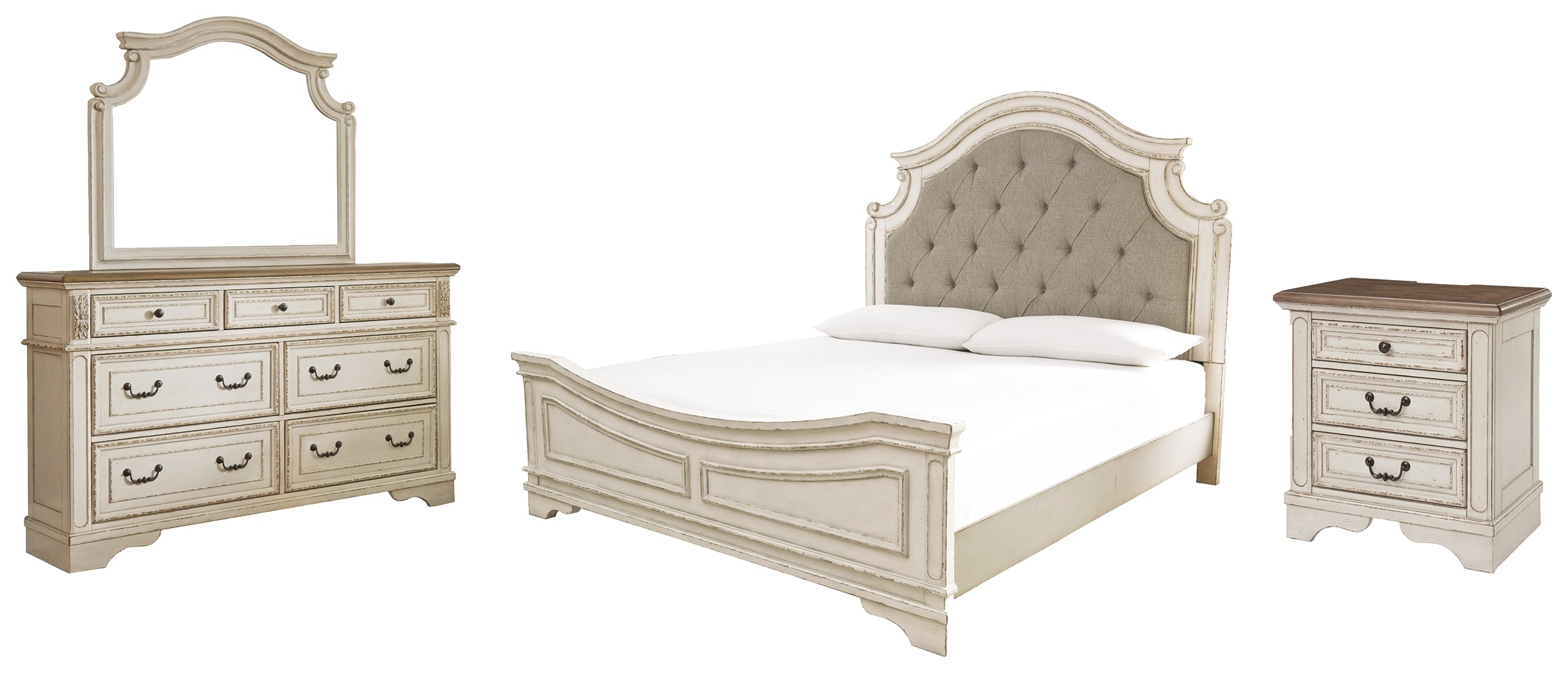 Best Furniture Outlet - Ashley Furniture - Realyn Bedroom - King Bed with Mirrored Dresser and Nightstand / Chipped White - B743B23