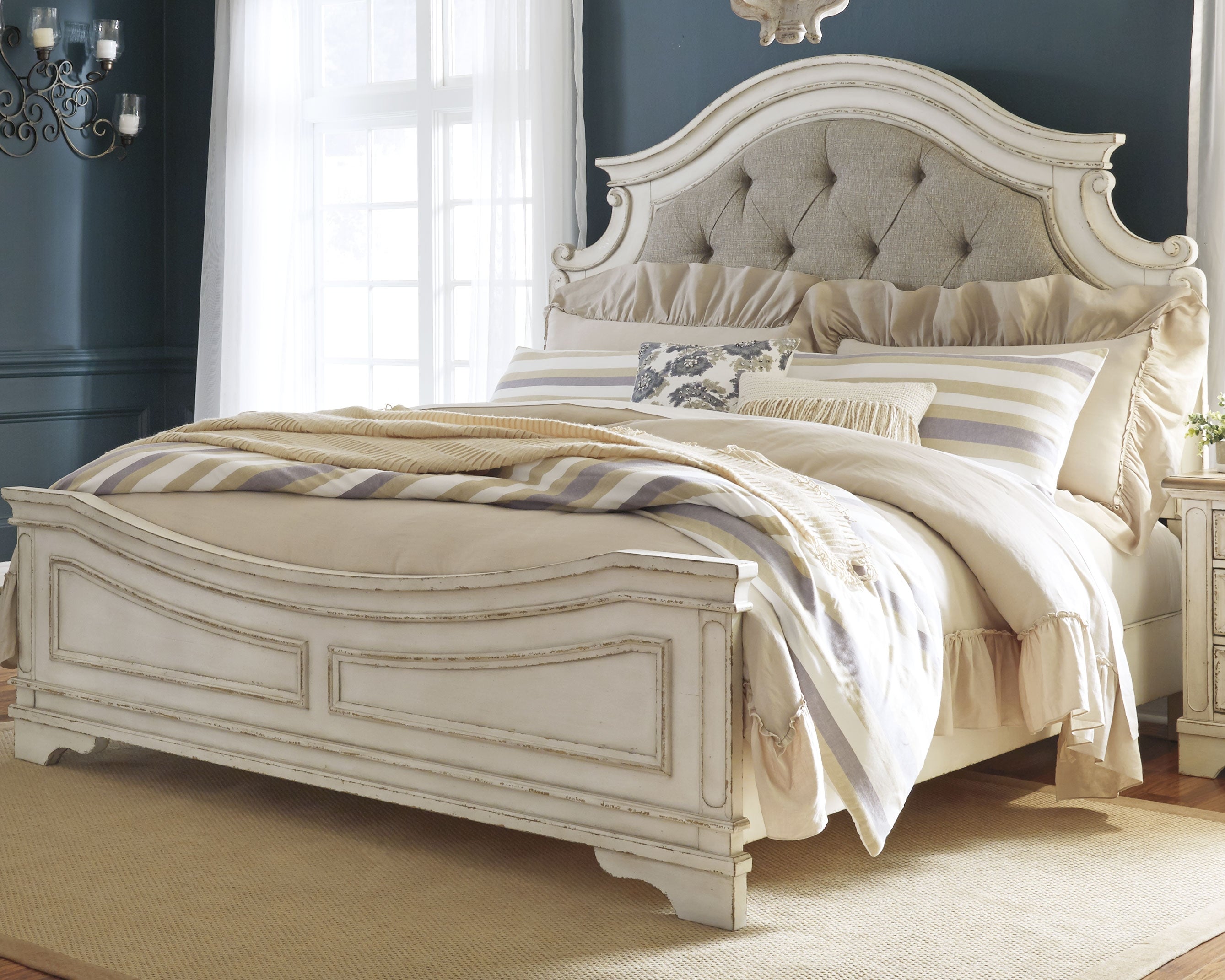 Best Furniture Outlet - Ashley Furniture - Realyn Bedroom - California King Upholstered Panel Bed / Chipped White - B743B7