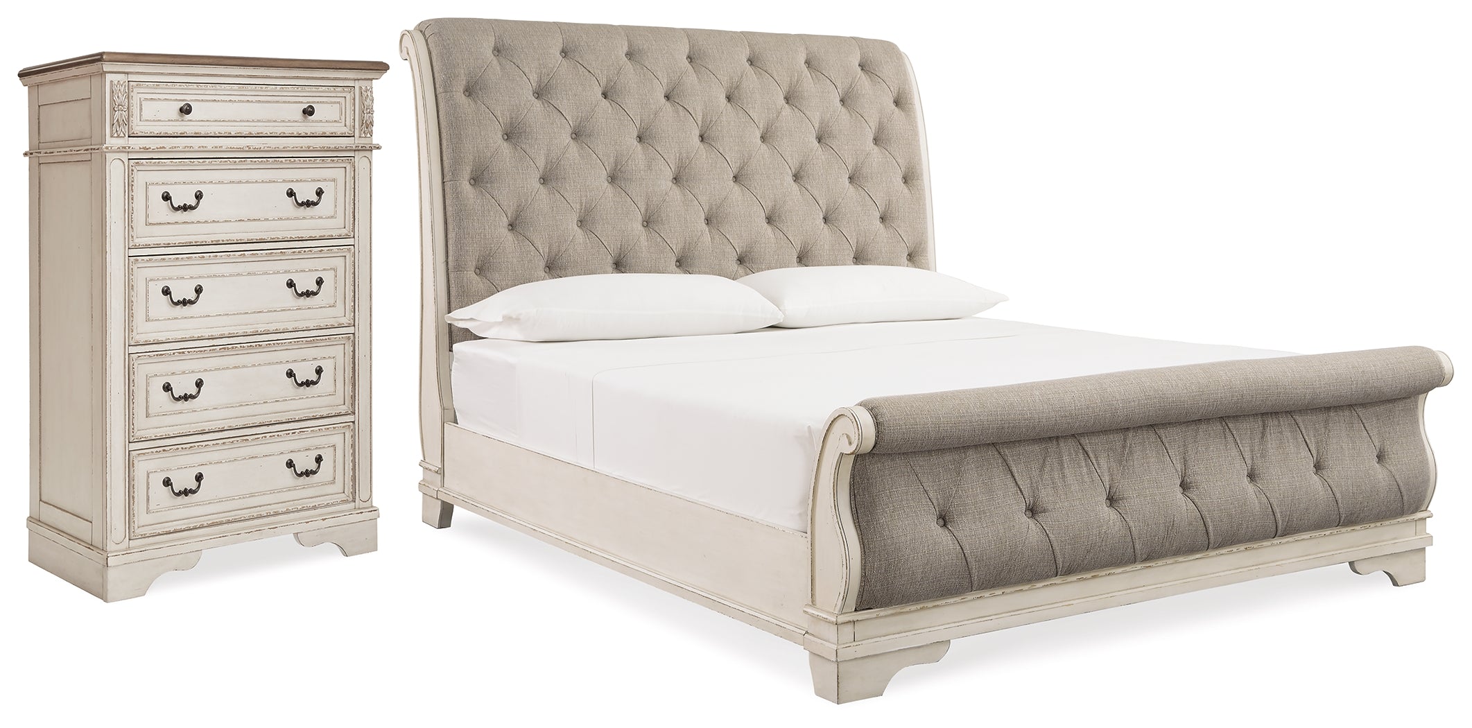 Best Furniture Outlet - Ashley Furniture - Realyn Bedroom - Queen Upholstered Sleigh Bed and Chest / Two-tone - B743B29