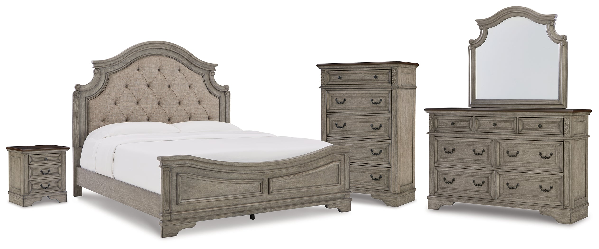 Best Furniture Outlet - Ashley Furniture - Lodenbay Bedroom - King Upholstered Panel Bed, Dresser, Mirror, Chest and Nightstand / Antique Gray/Brown - B751B11