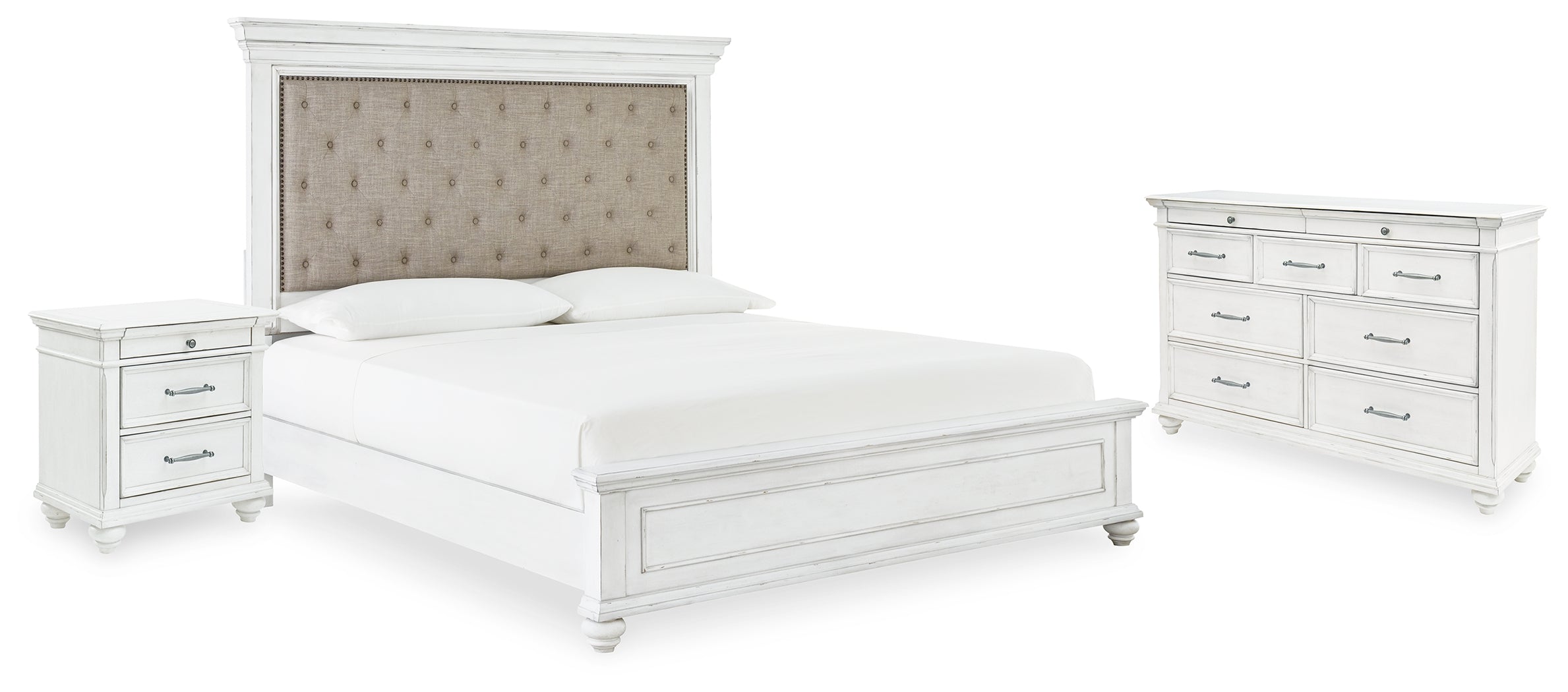 Best Furniture Outlet - Ashley Furniture - Kanwyn Bedroom - Queen Upholstered Panel Bed, Dresser, and Nightstand / Whitewash - B777B17
