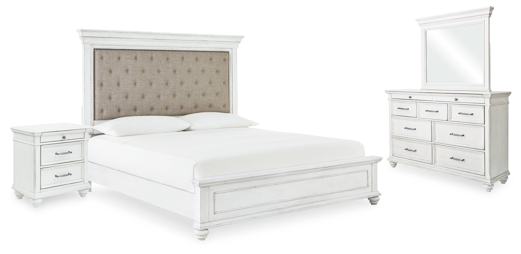 Best Furniture Outlet - Ashley Furniture - Kanwyn Bedroom - Queen Upholstered Panel Bed, Dresser, Mirror, and Nightstand / Whitewash - B777B16