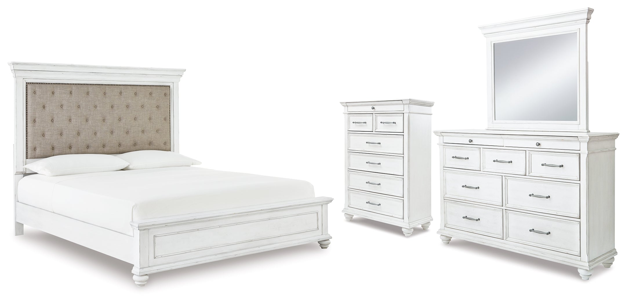 Best Furniture Outlet - Ashley Furniture - Kanwyn Bedroom - Cal King Upholstered Panel Bed, Dresser, Mirror and Chest / Whitewash - B777B23