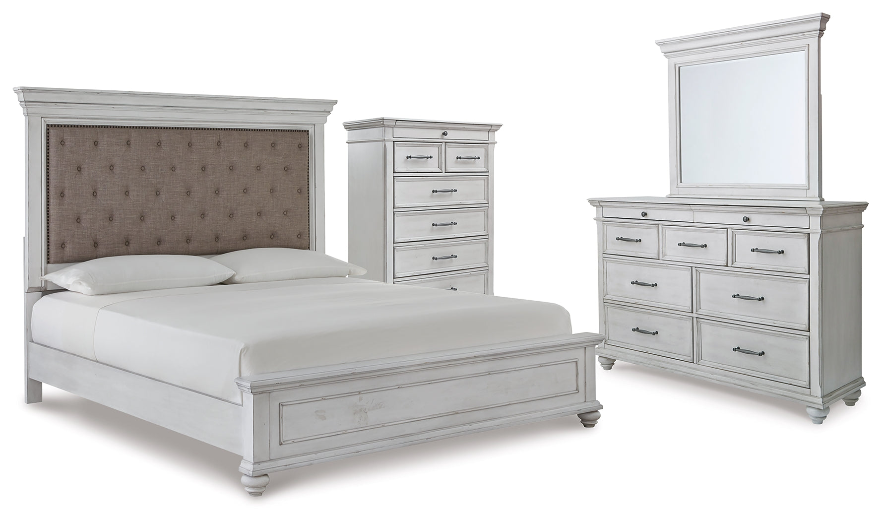 Best Furniture Outlet - Ashley Furniture - Kanwyn Bedroom - King Upholstered Panel Bed, Dresser, Mirror and Chest / Whitewash - B777B18