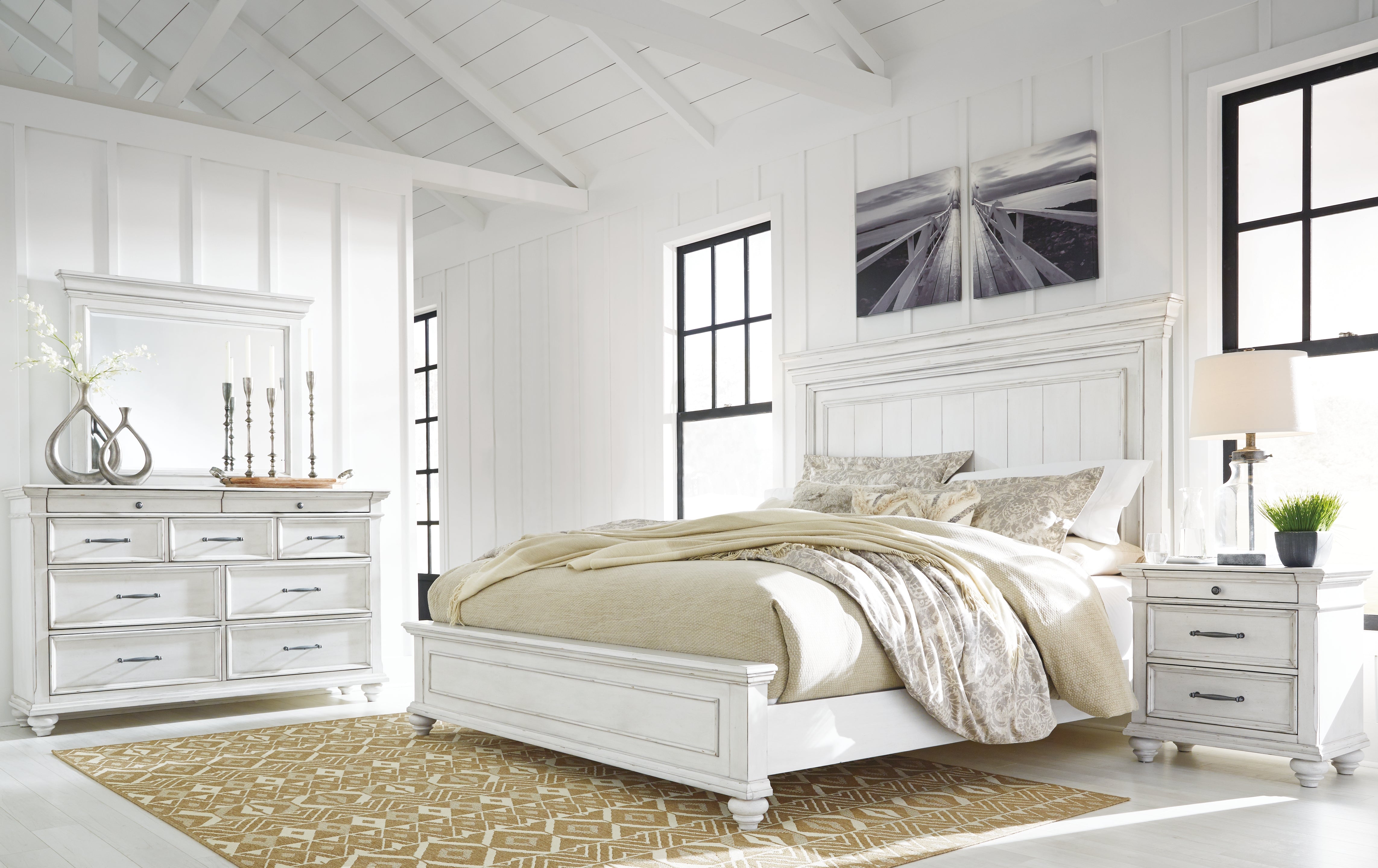 Best Furniture Outlet - Ashley Furniture - Kanwyn Bedroom - Queen Panel Bed, Dresser, Mirror and Nightstand / Whitewash - B777B21