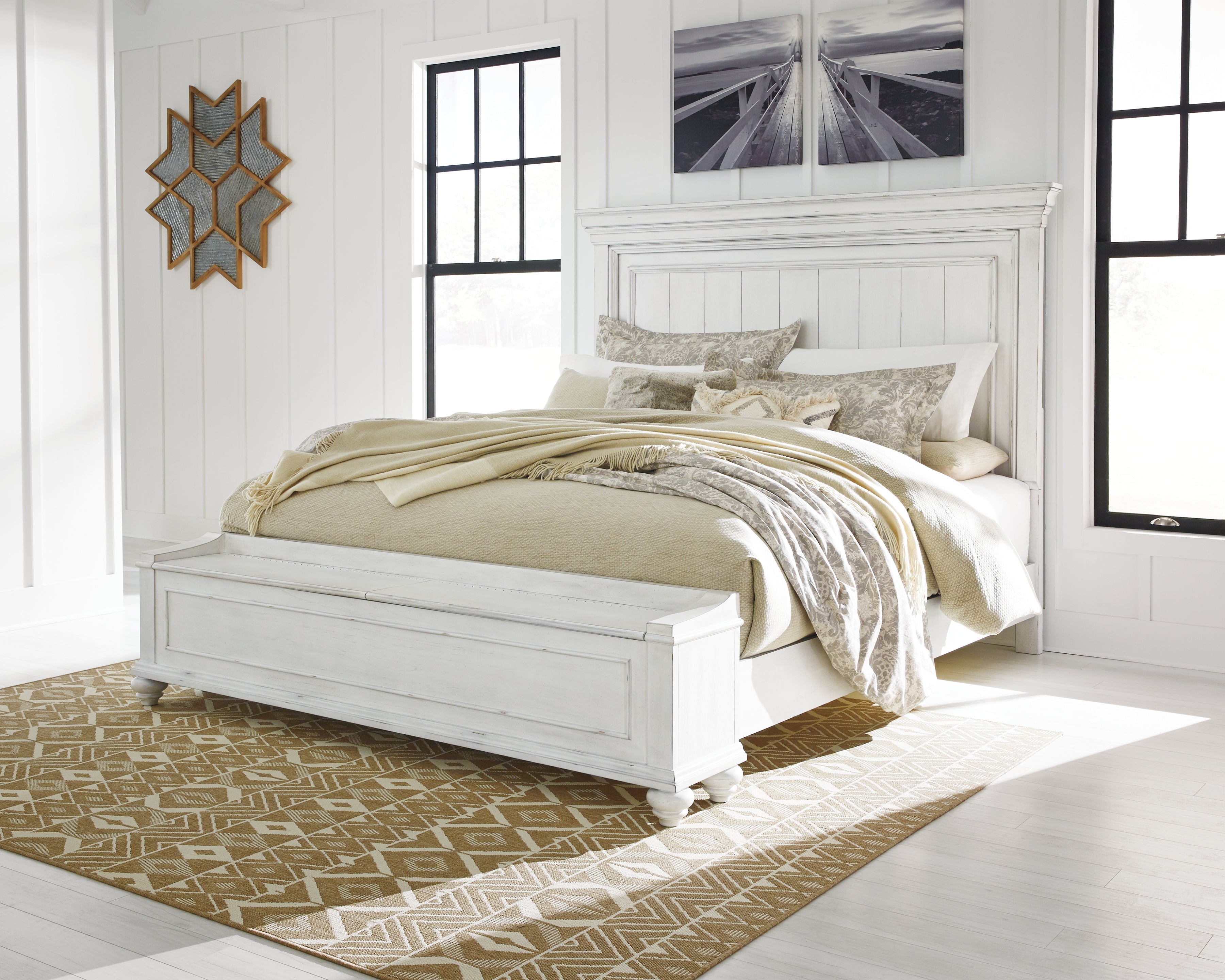 Best Furniture Outlet - Ashley Furniture - Kanwyn Bedroom - King Panel Bed with Storage Bench / Whitewash - B777B9