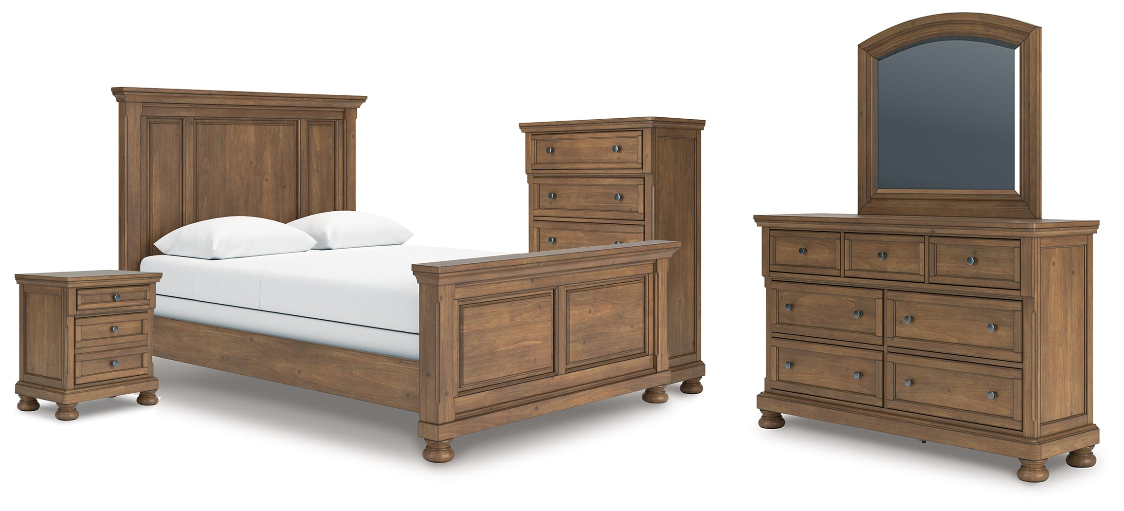 Best Furniture Outlet - Ashley Furniture - Feddinger Bedroom - Queen Panel Bed, Dresser, Mirror, Chest and Nightstand / Medium Brown - PCB779B10