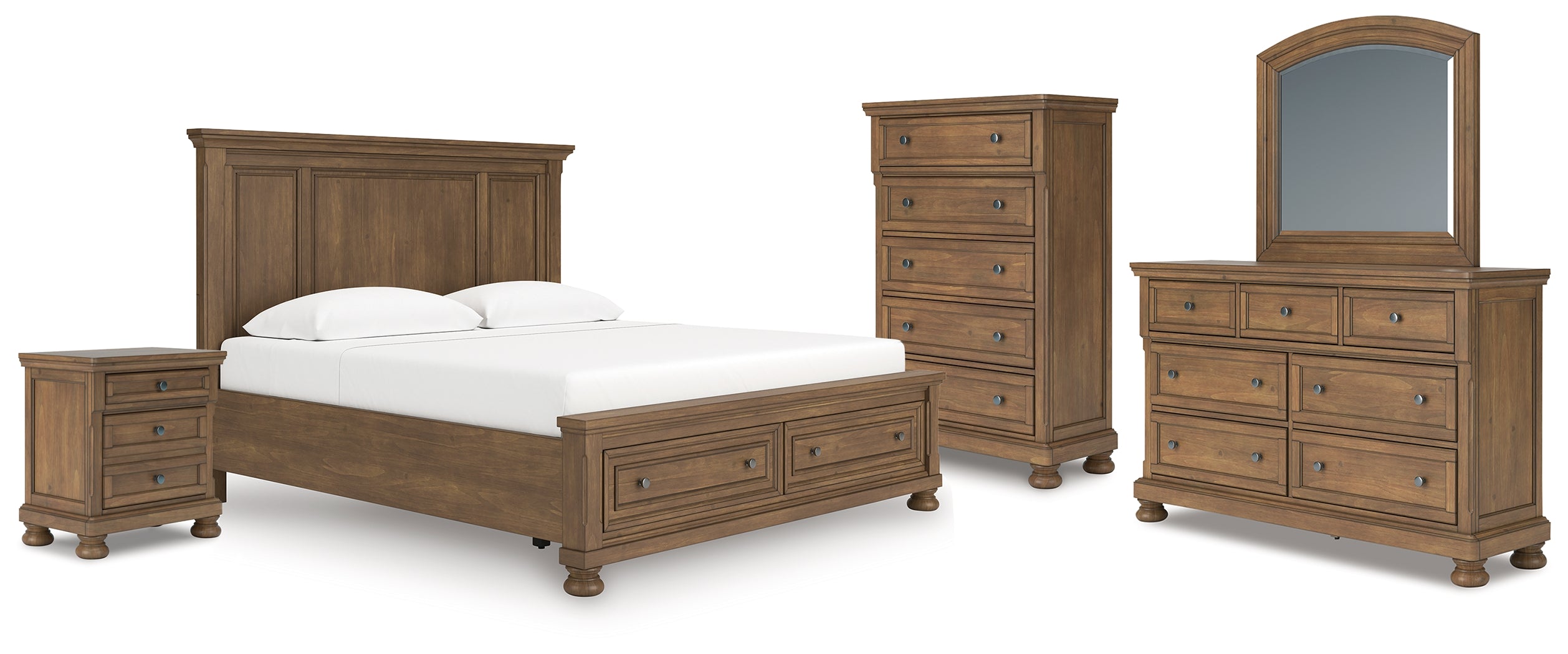 Best Furniture Outlet - Ashley Furniture - Feddinger Bedroom - King Panel Storage Bed, Dresser, Mirror, Chest and Nightstand / Medium Brown - PCB779B17