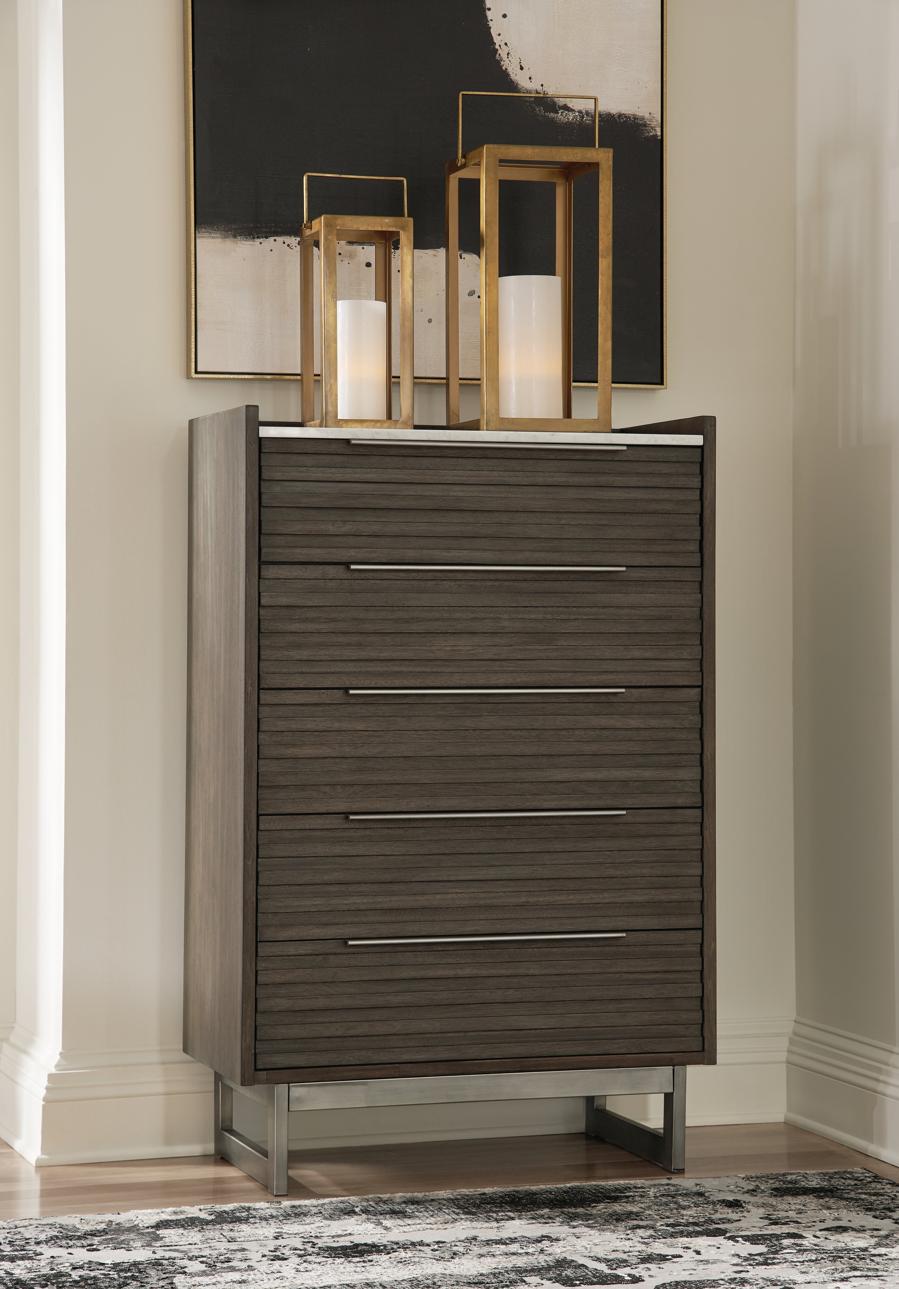 Best Furniture Outlet - Ashley Furniture - Arkenton Bedroom - Five Drawer Chest / Grayish Brown/White - B786-46