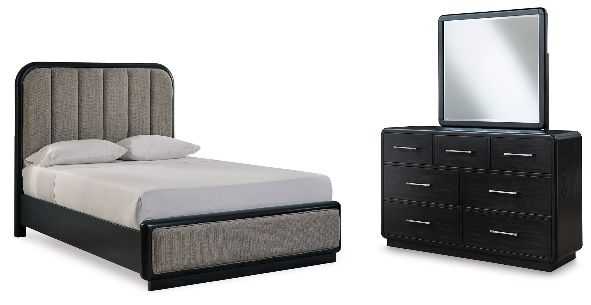 Best Furniture Outlet - Ashley Furniture - Rowanbeck Bedroom - Queen Upholstered Panel Bed, Dresser and Mirror / Black - B821B3