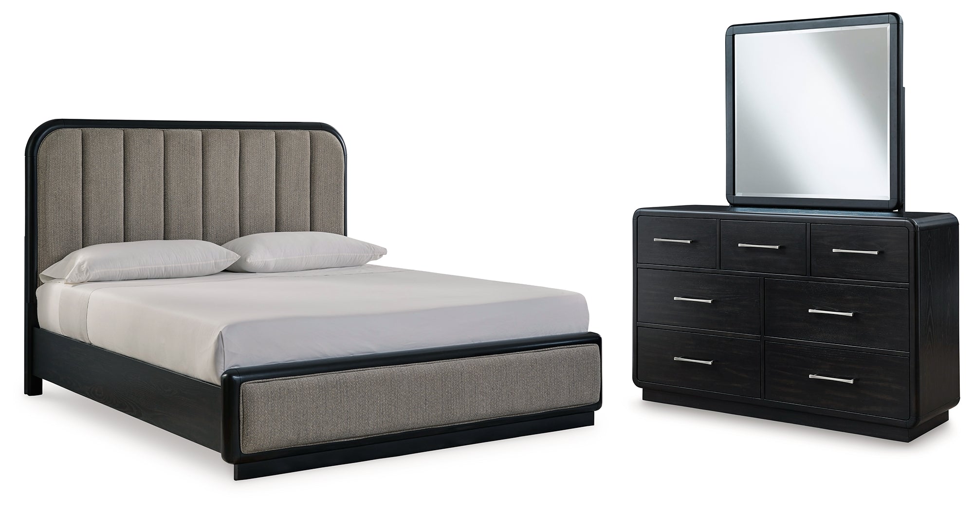 Best Furniture Outlet - Ashley Furniture - Rowanbeck Bedroom - King Upholstered Panel Bed, Dresser and Mirror / Black - B821B6