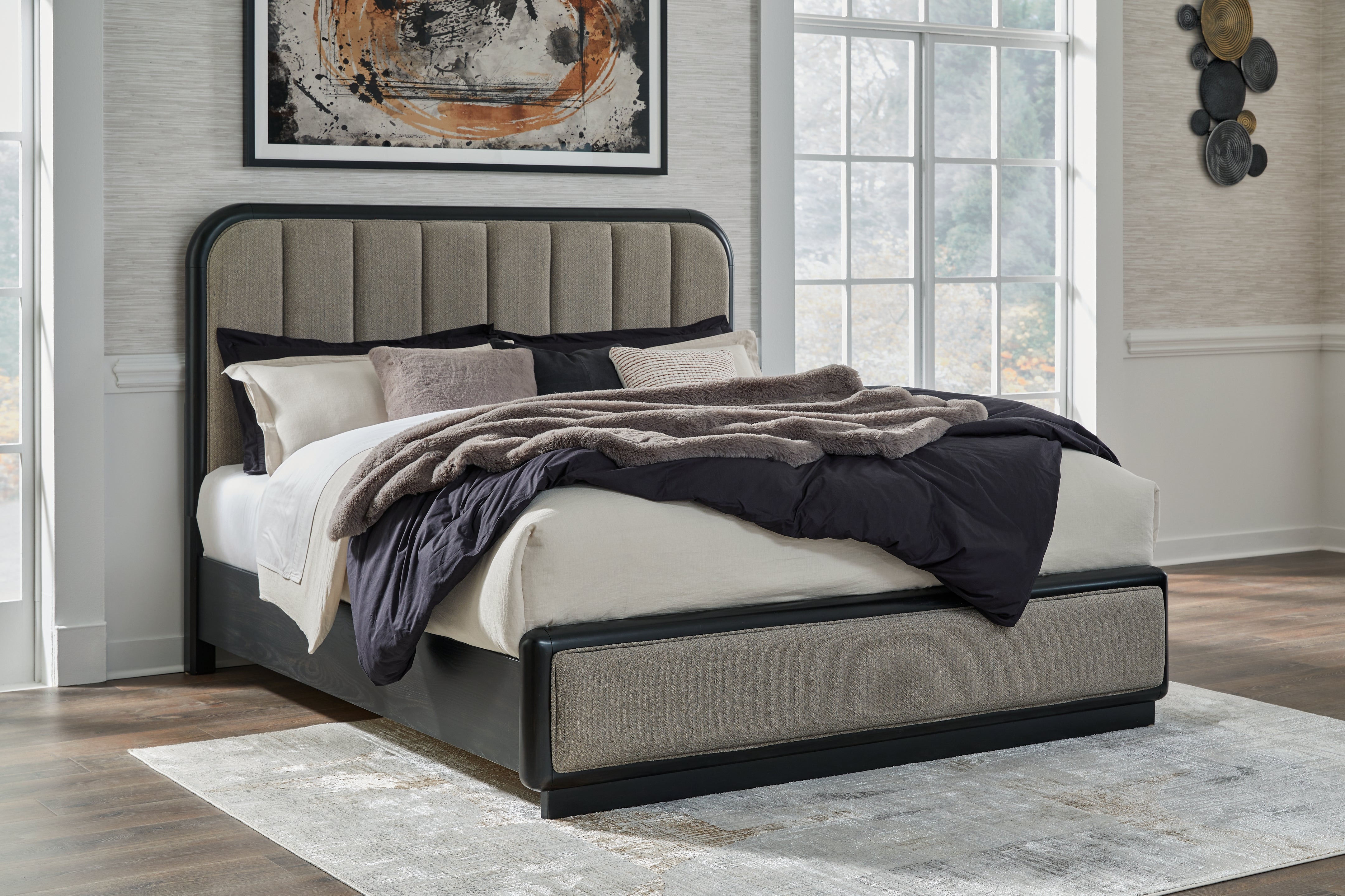 Best Furniture Outlet - Ashley Furniture - Rowanbeck Bedroom - King Upholstered Panel Bed / Gray/Black - B821B4
