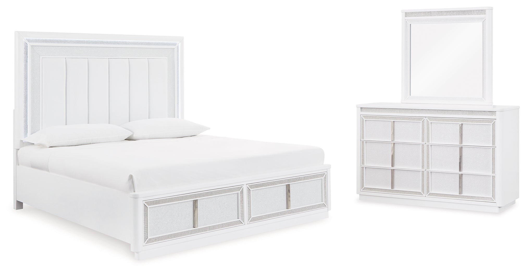 Best Furniture Outlet - Ashley Furniture - Chalanna Bedroom - Queen Upholstered Storage Bed, Dresser and Mirror / White - B822B3