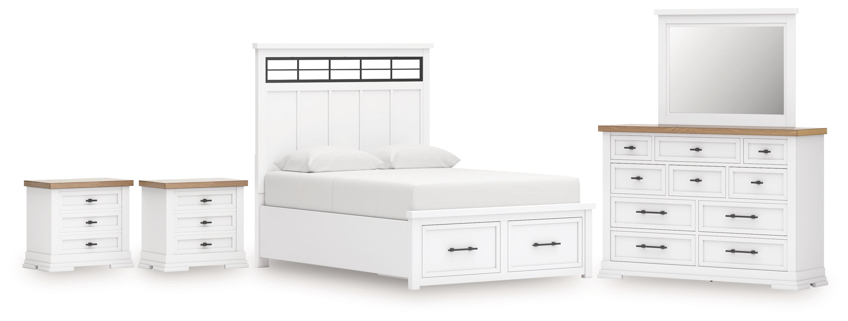 Best Furniture Outlet - Ashley Furniture - Ashbryn Bedroom - King Panel Bed, Dresser, Mirror and 2 Nightstands / White/Natural - B844B10